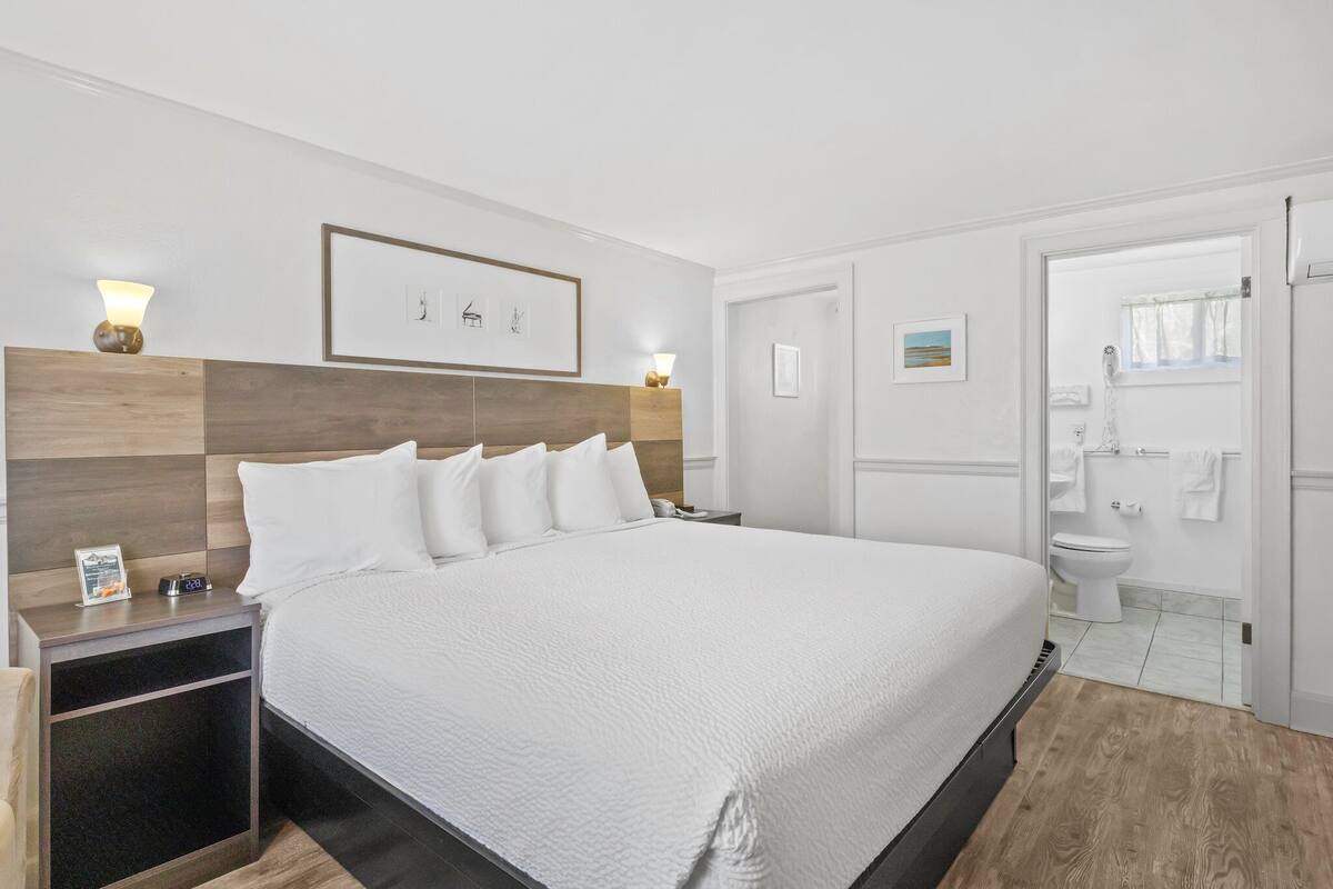 Habitación de hotel con una cama grande, mesitas de noche, un cuadro enmarcado y vistas al baño.