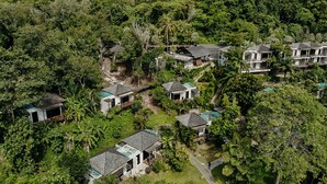 Vue aérienne d’un quartier résidentiel où les maisons sont entourées d’une végétation luxuriante.
