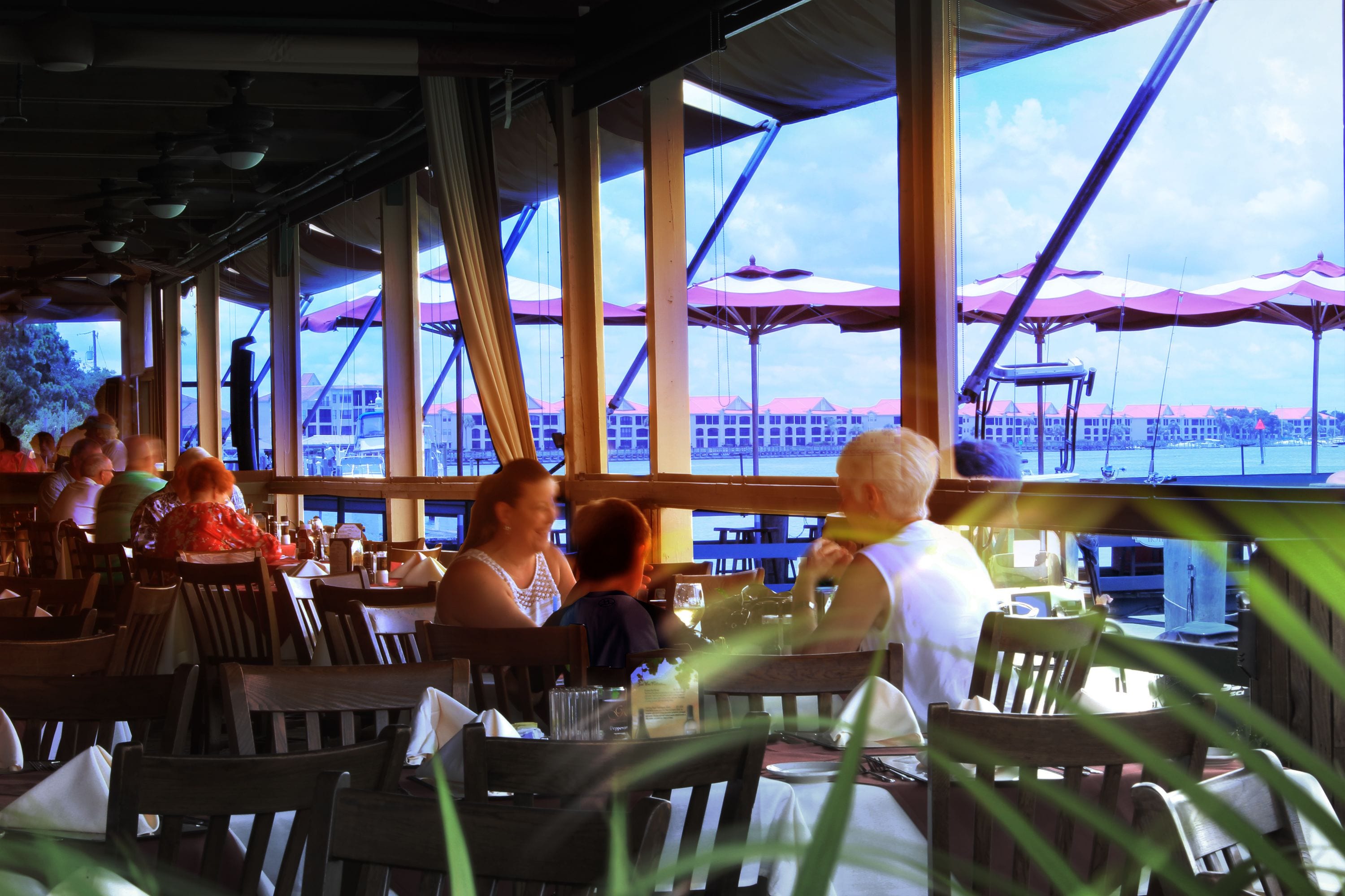 An outdoor restaurant with wooden tables and chairs, large windows, and purple umbrellas.