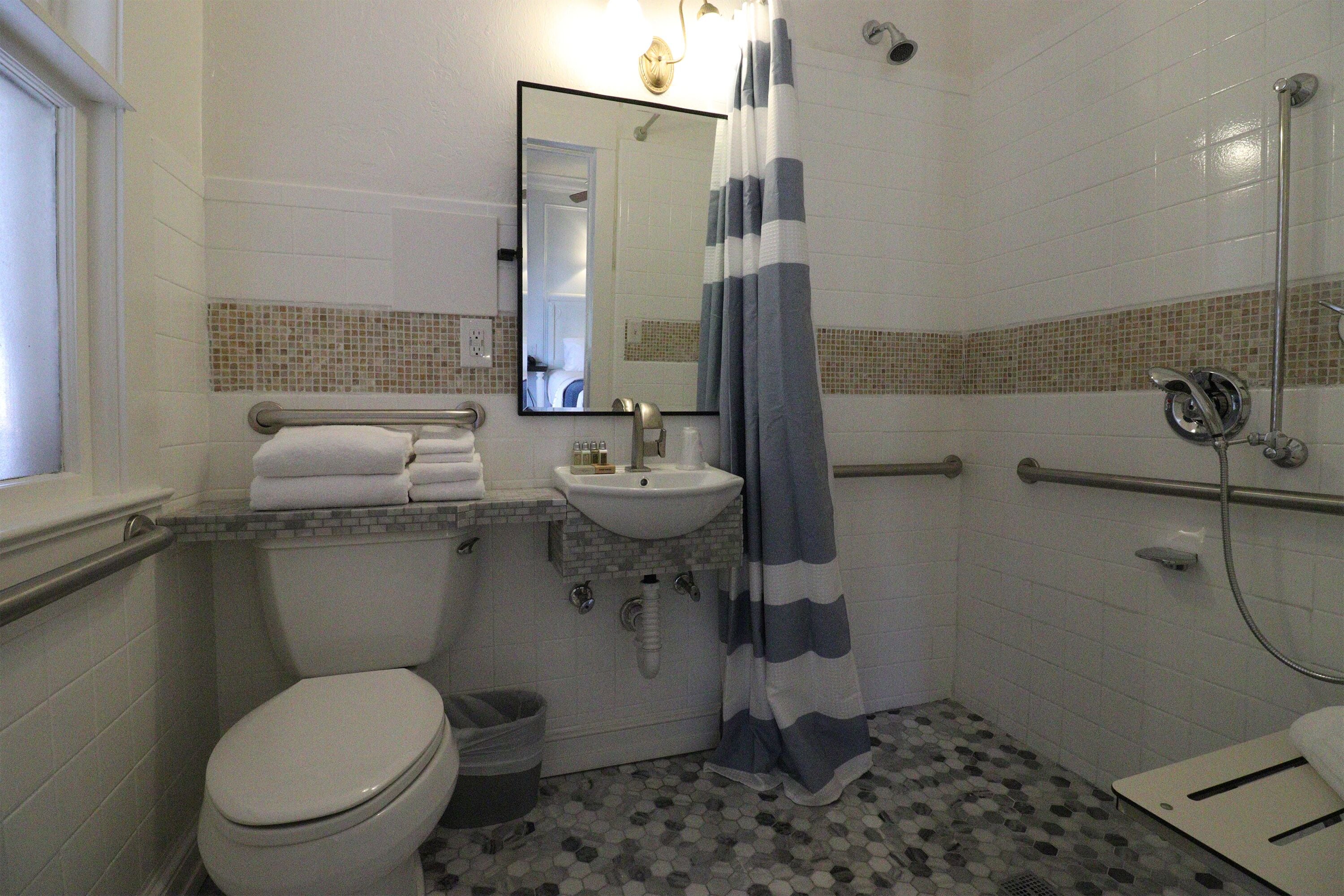 A bathroom with a toilet, sink, mirror, shower, and grab bars.