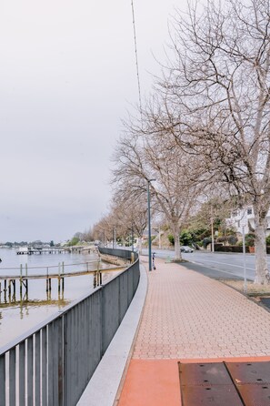 Un paseo marítimo con un camino pavimentado, barandilla de metal y árboles sin hojas.