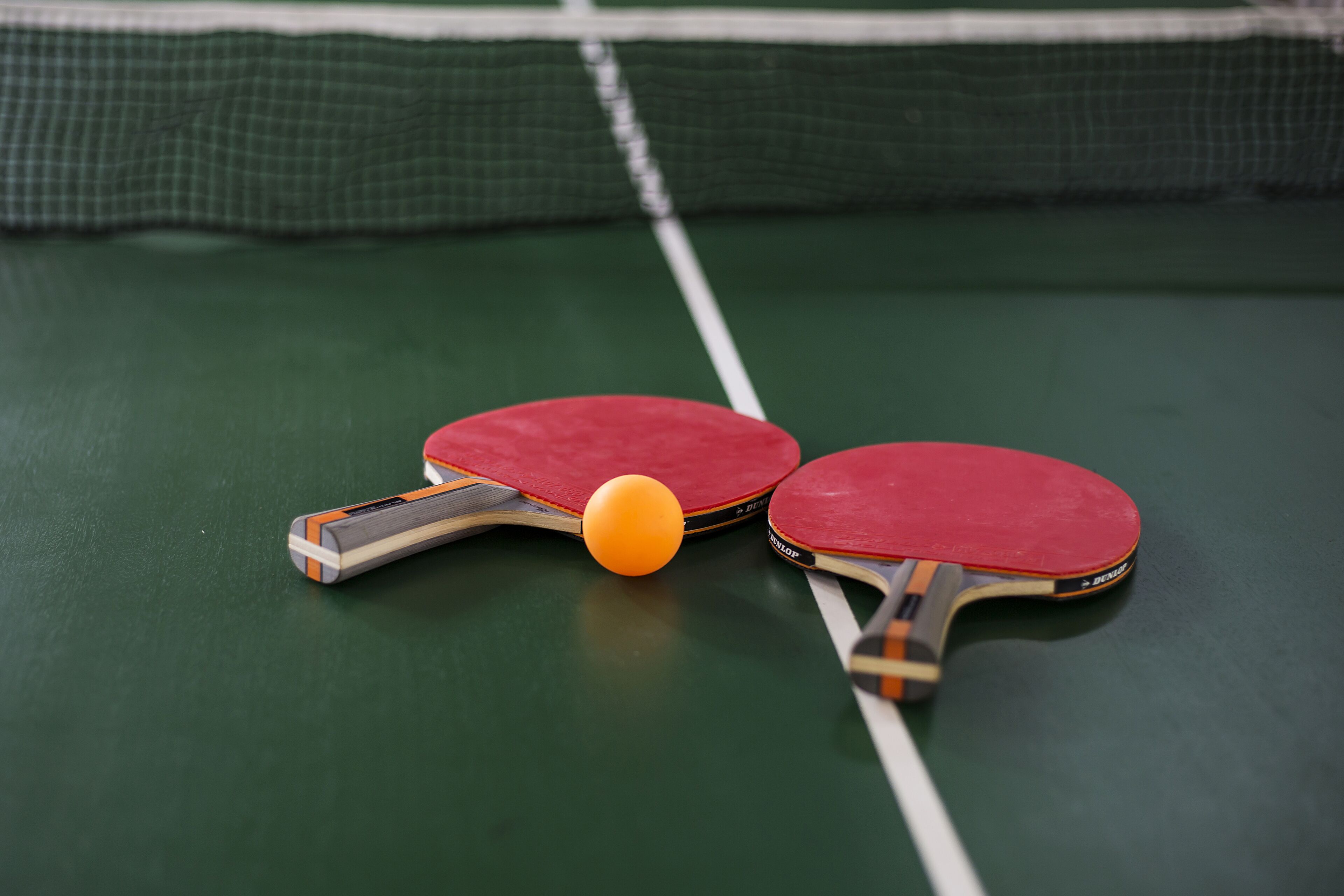 Zwei Tischtennisbälle und -schläger auf einem grünen Spielfeld.