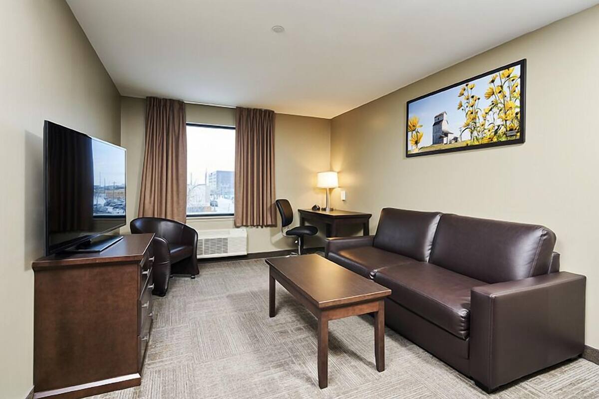 Habitación de hotel con sofá, escritorio con televisor, una silla, lámpara y un cuadro en la pared.