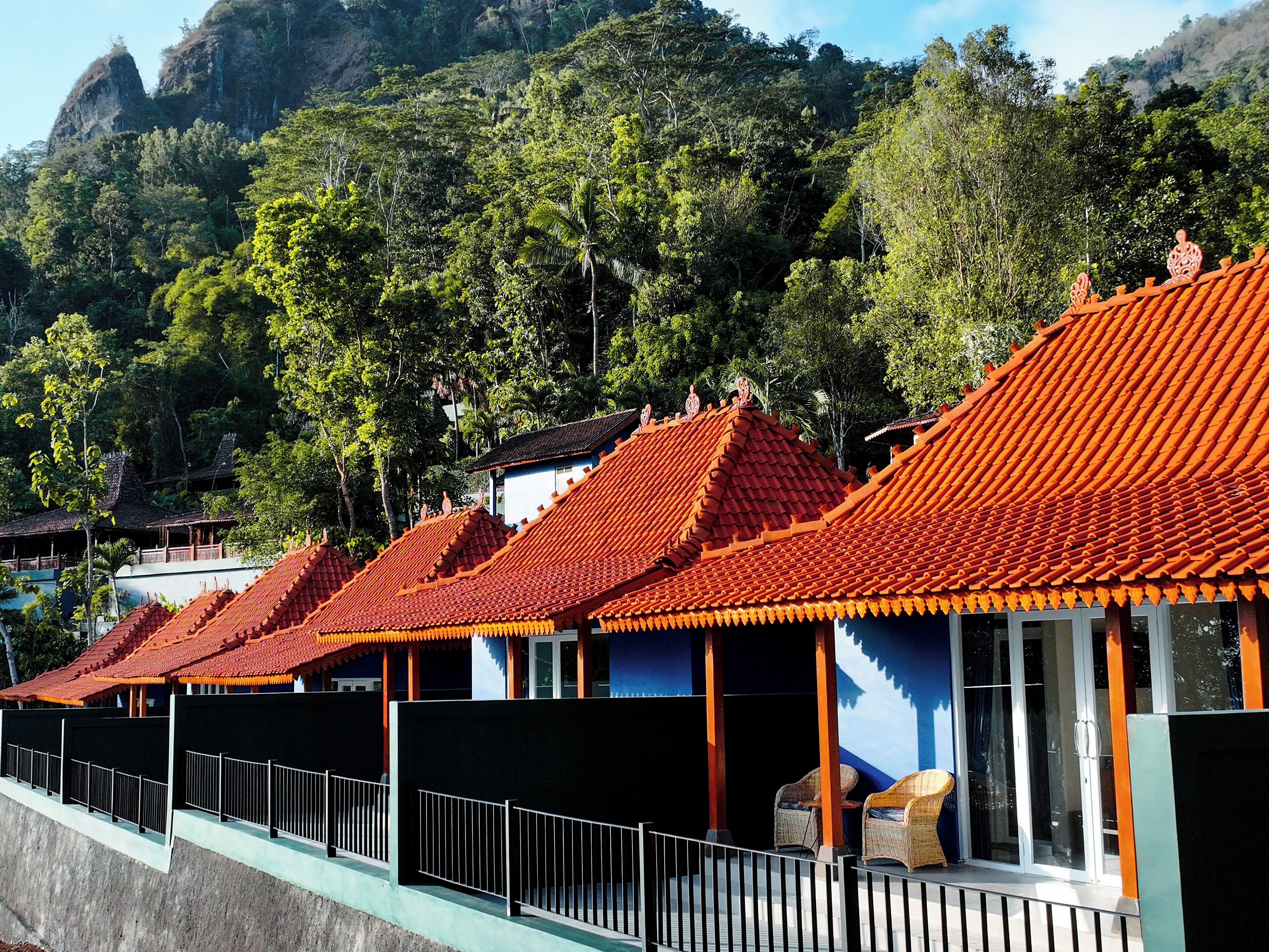 Une rangée de bâtiments de style traditionnel, avec des toits couverts de tuiles rouges, entourés d’une végétation luxuriante et de montagnes.