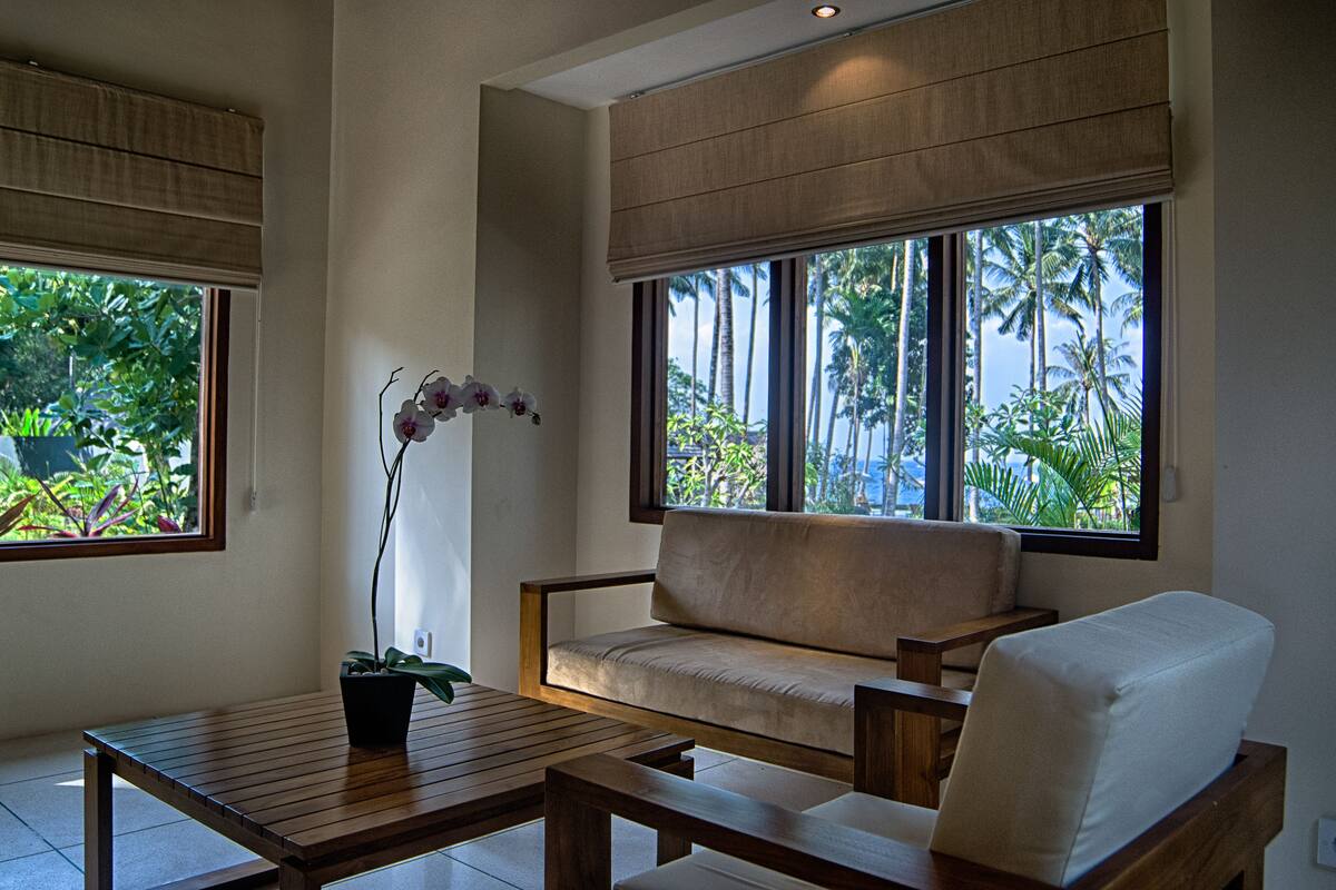villa, garden view | living area | 32-inch plasma tv with satellite channels, tv, dvd player