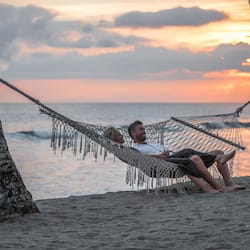 On the beach, sun-loungers, beach umbrellas, beach towels