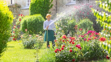 A garden with various flowers and a person watering plants.