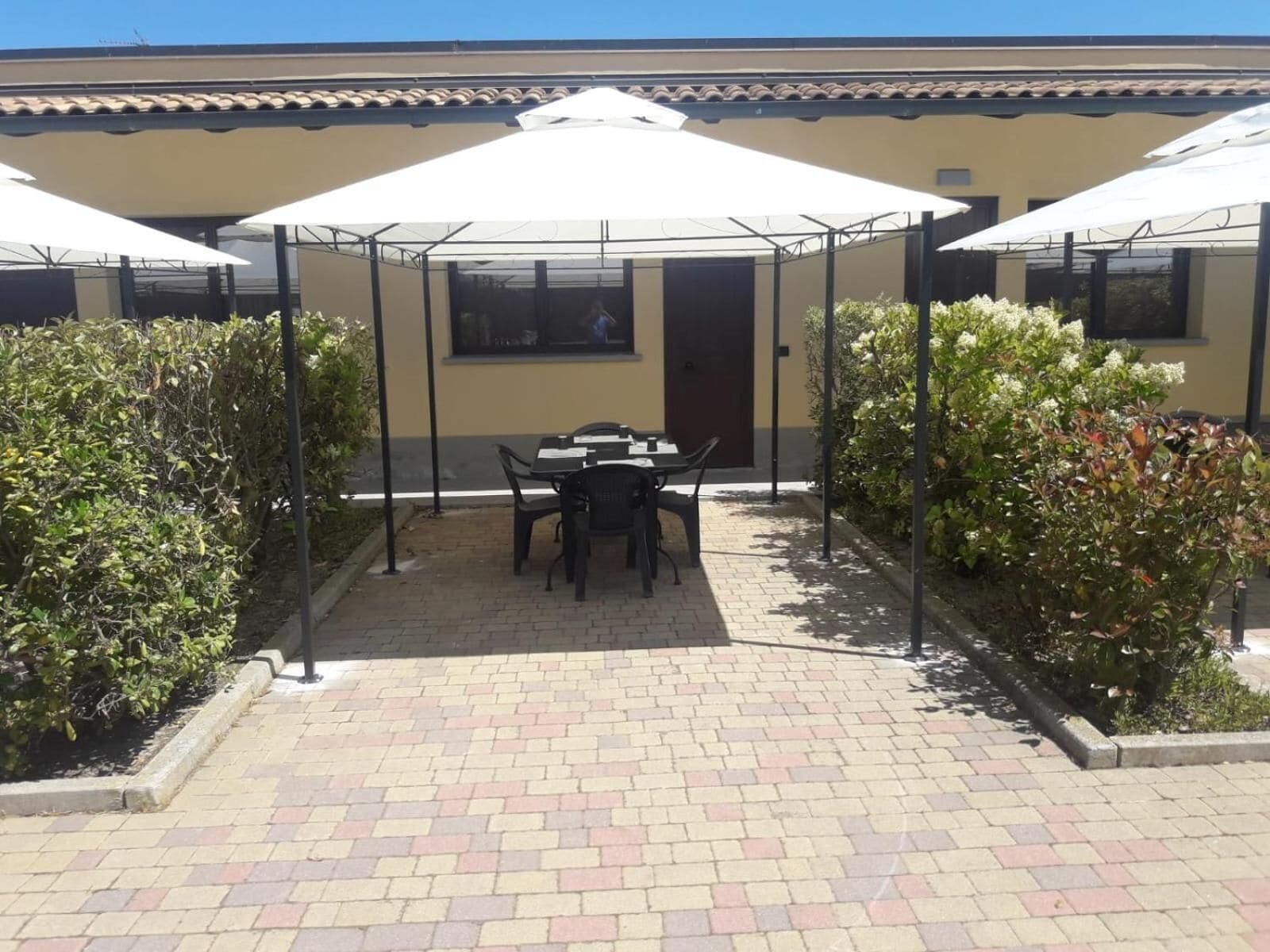 Un espace extérieur abrité, aménagé avec des tables et des chaises, entouré de plantes et avec un bâtiment en arrière-plan.