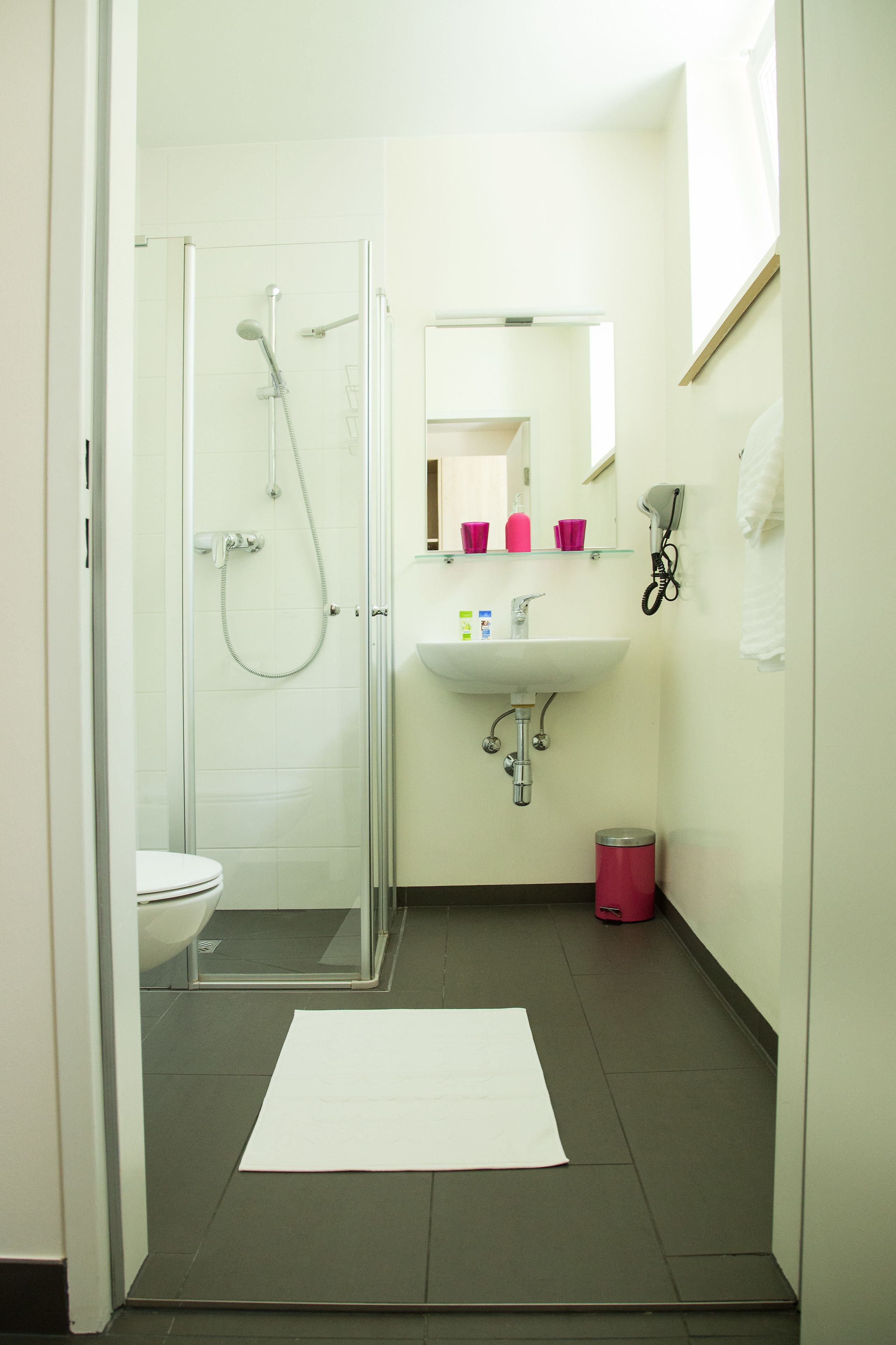 A modern bathroom with a glass-enclosed shower, a white sink, and a mirror above it.
