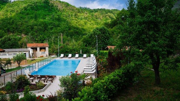 Une piscine entourée de chaises longues, le tout baigné d’une végétation luxuriante et surplombé de collines.