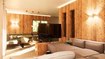 Prime Chalet, Mountain View | Living area | LCD TV, fireplace, first-run movies, pay movies