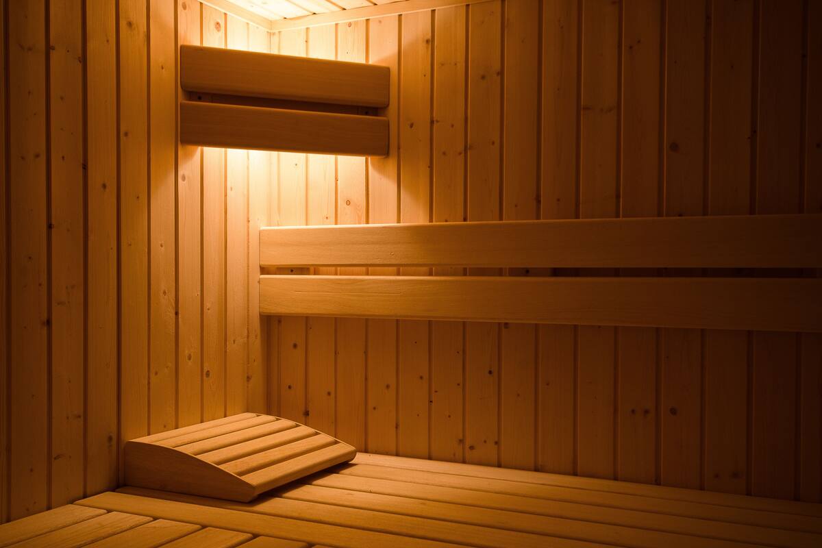 Un sauna en bois avec des bancs et une banquette.