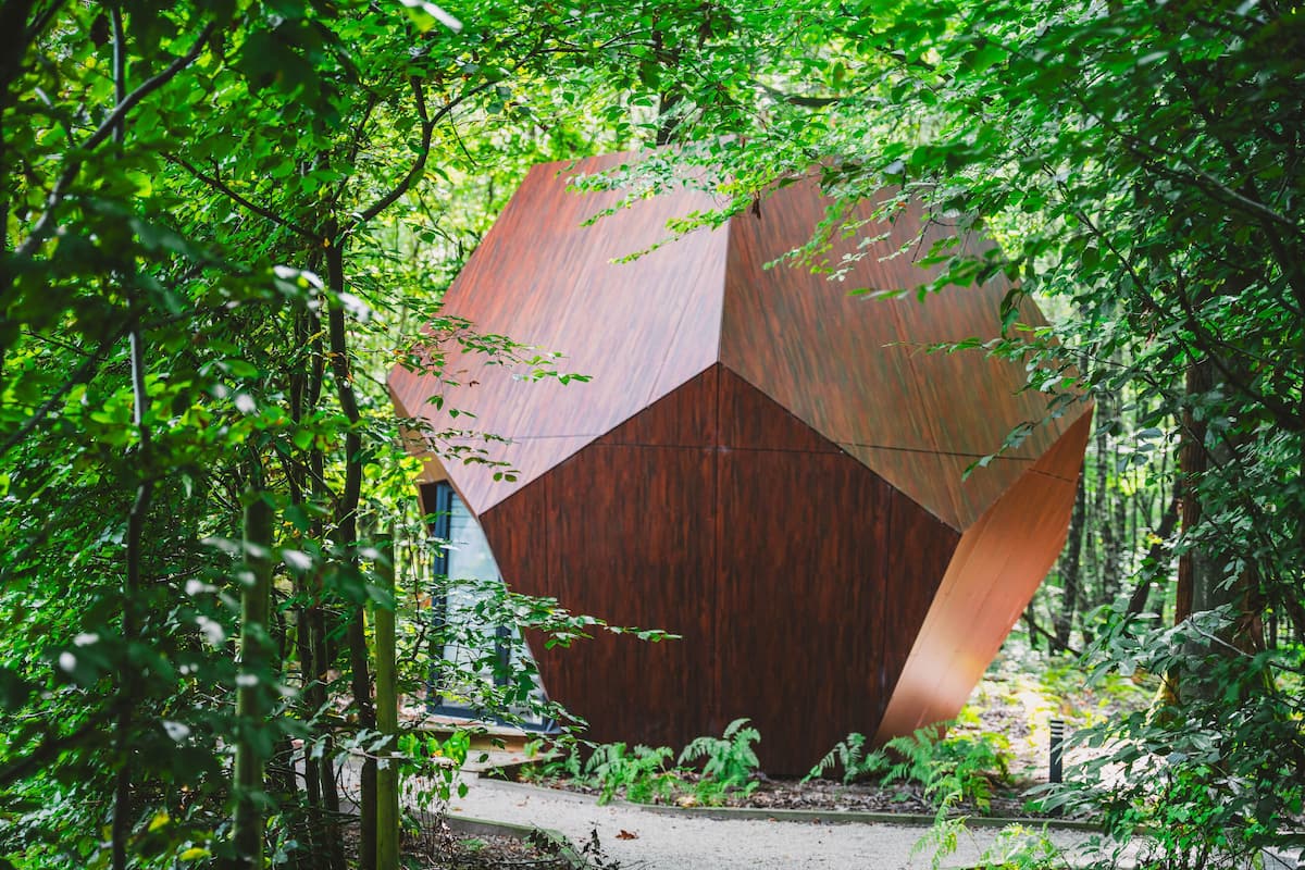 Une grande structure hexagonale en bois, entourée d’un feuillage verdoyant et dense.