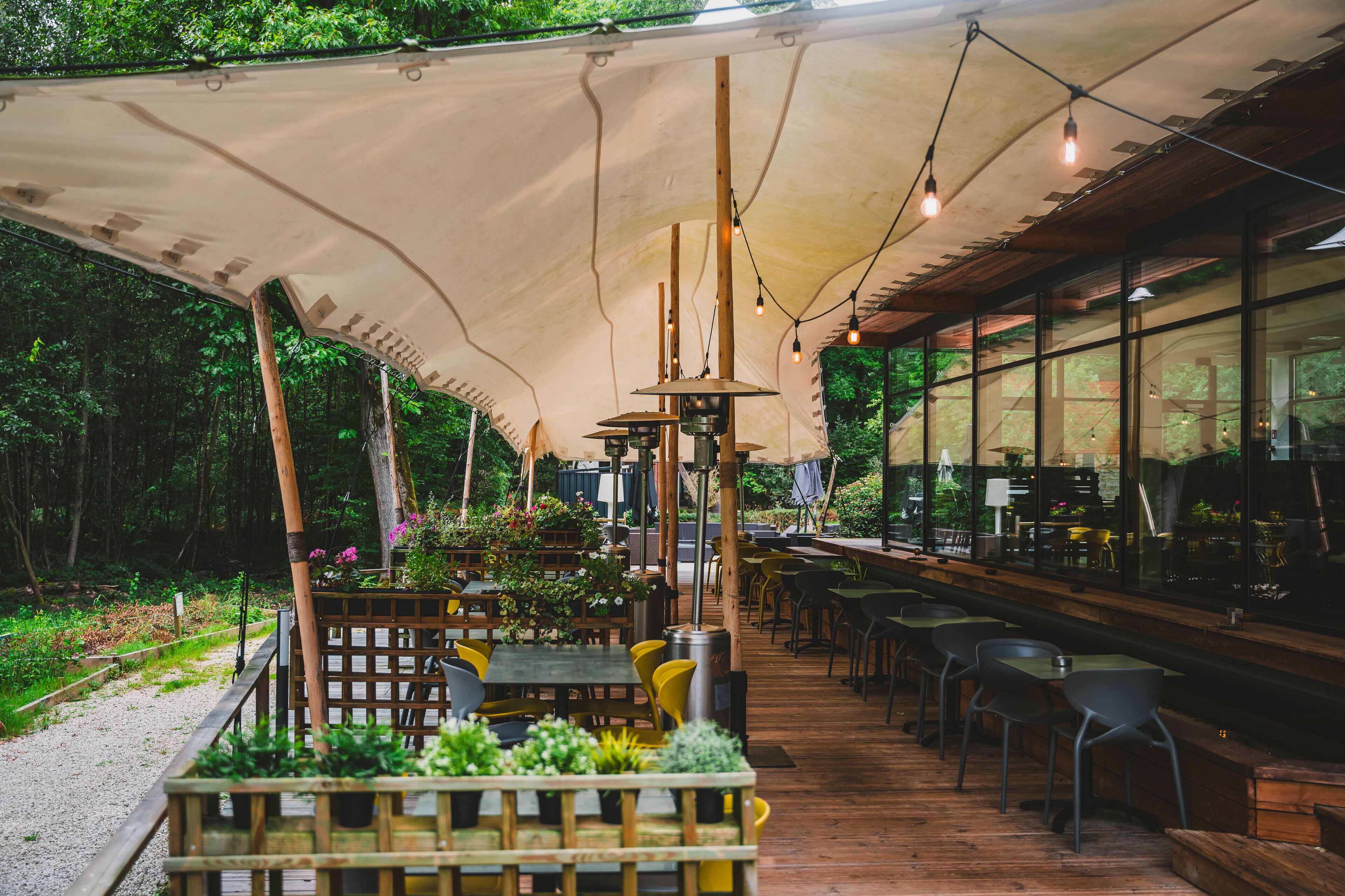 Un espacio de comedor al aire libre con mesas y sillas de madera, un toldo y vistas al bosque.