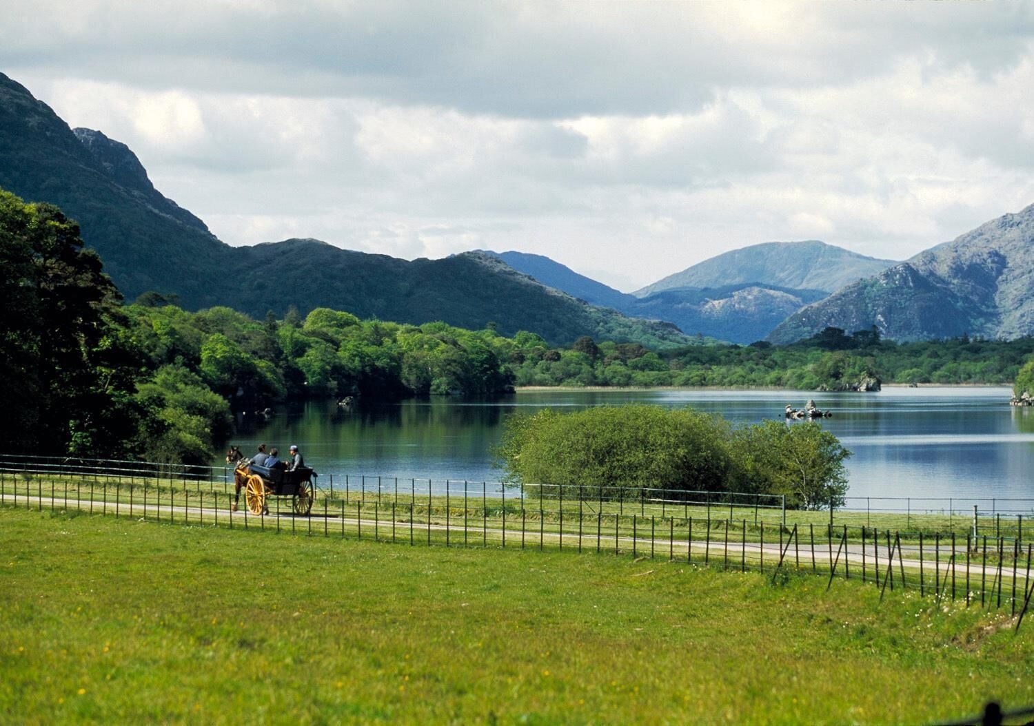 Vista panorámica de un lago rodeado de montañas, una zona de césped y un sendero cercado con un carruaje tirado por caballos.