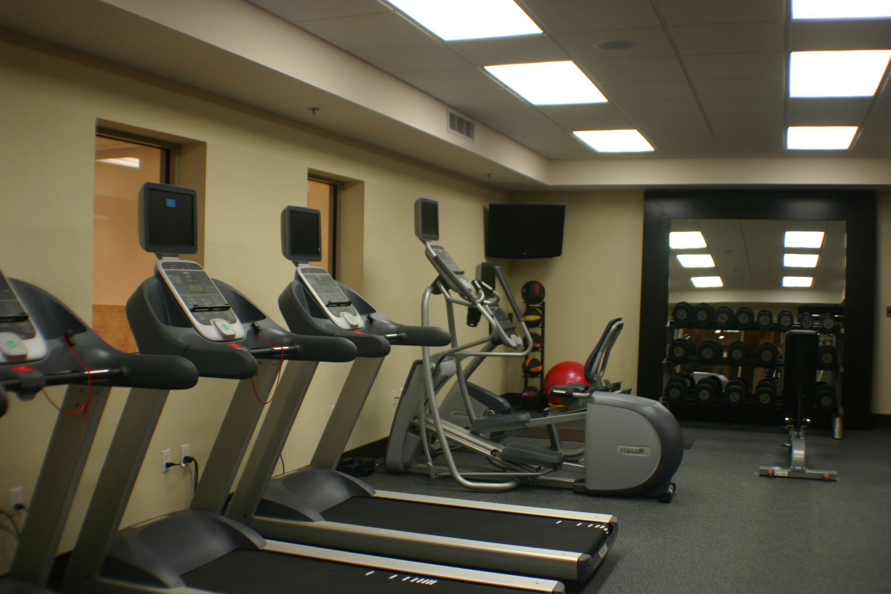 A gym with treadmills, elliptical machines, and a weight rack.