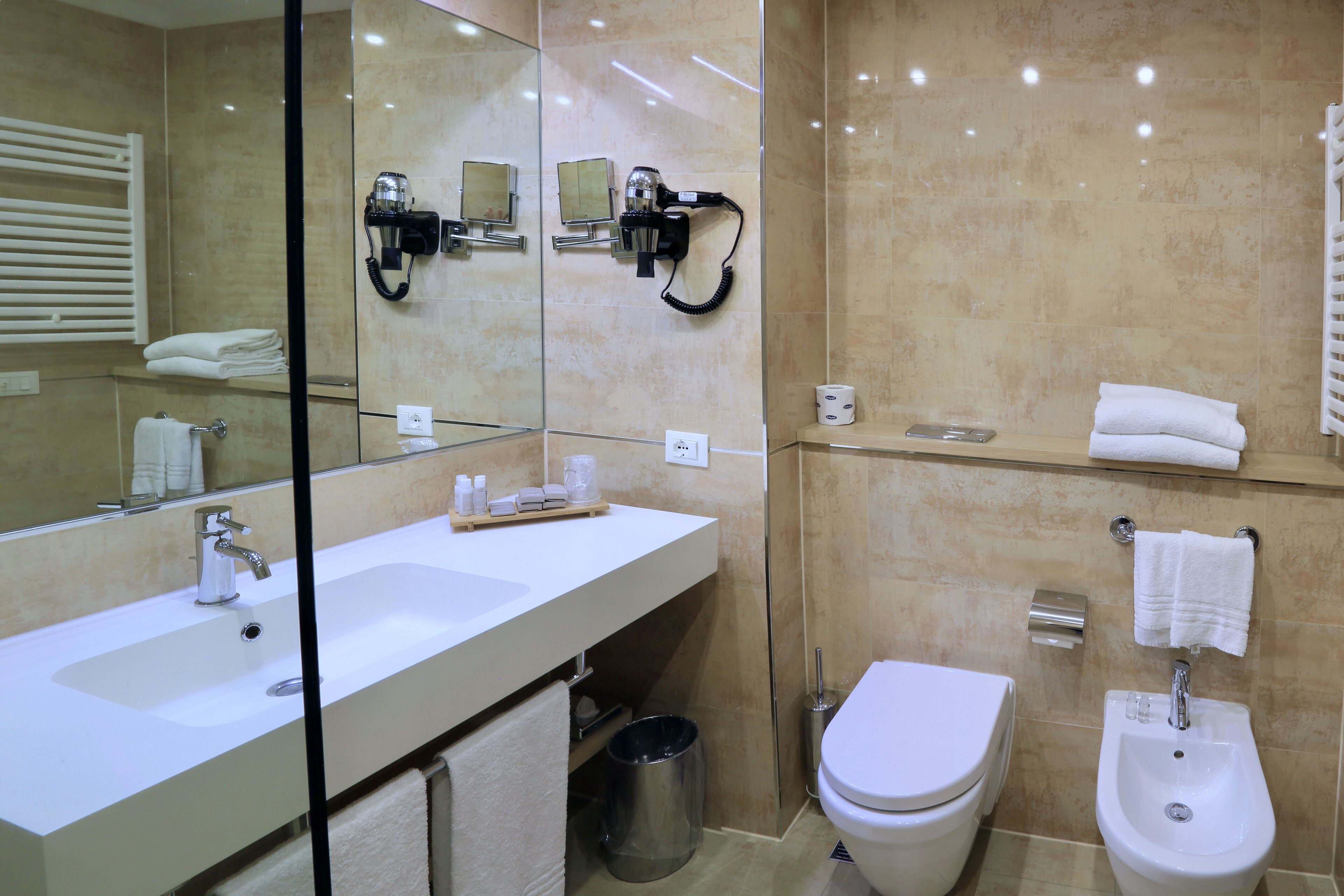 eco-friendly toiletries, hair dryer, bidet, towels