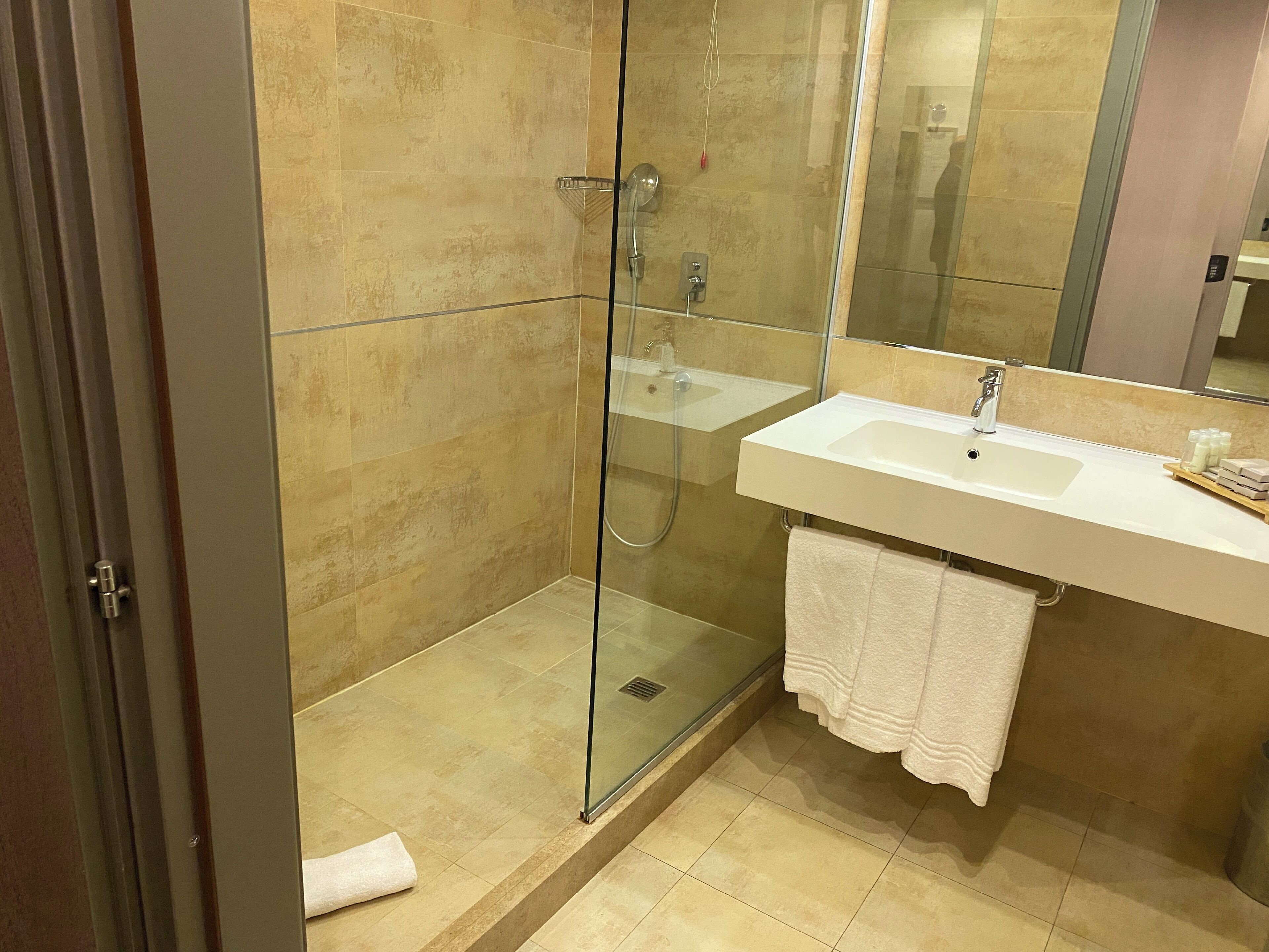 A modern bathroom with a glass-enclosed shower, a white sink, and a large mirror.