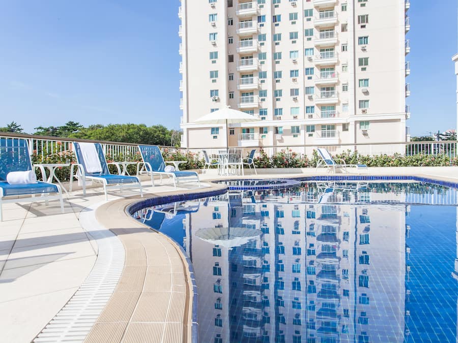 Outdoor pool, pool umbrellas, pool loungers