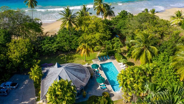 Eine Vogelperspektive zeigt ein Resort mit Schwimmbad, Liegestühlen und Palmen.