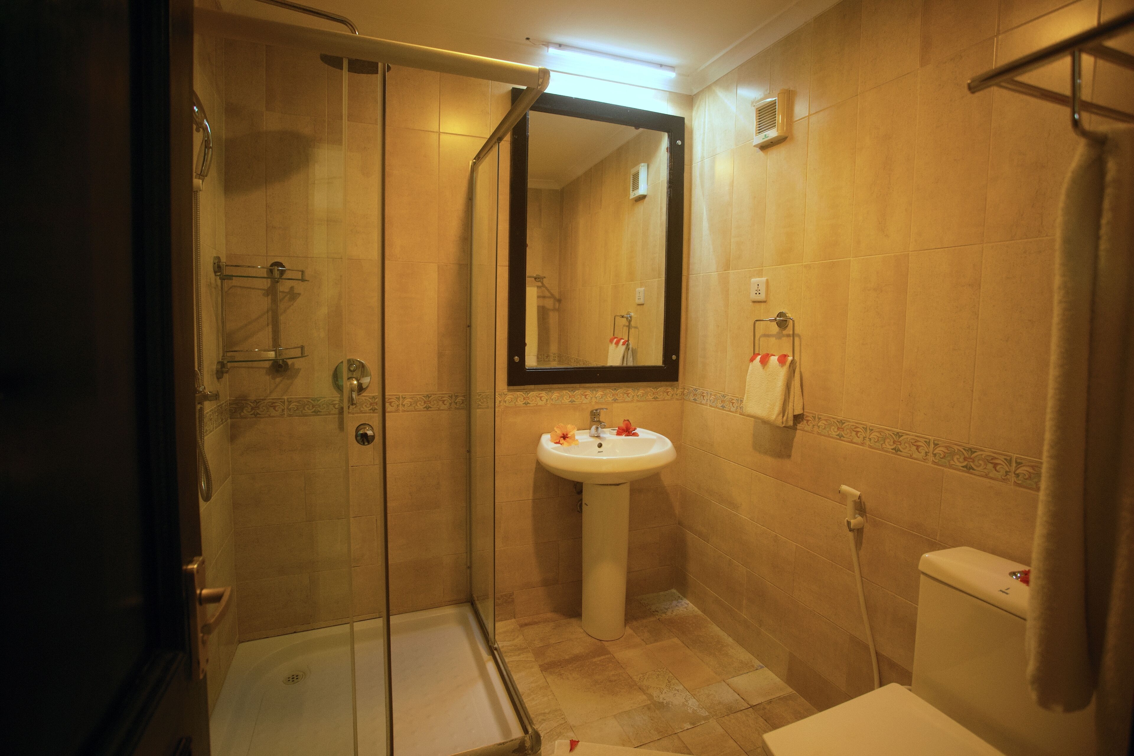 hair dryer, slippers, bidet, towels