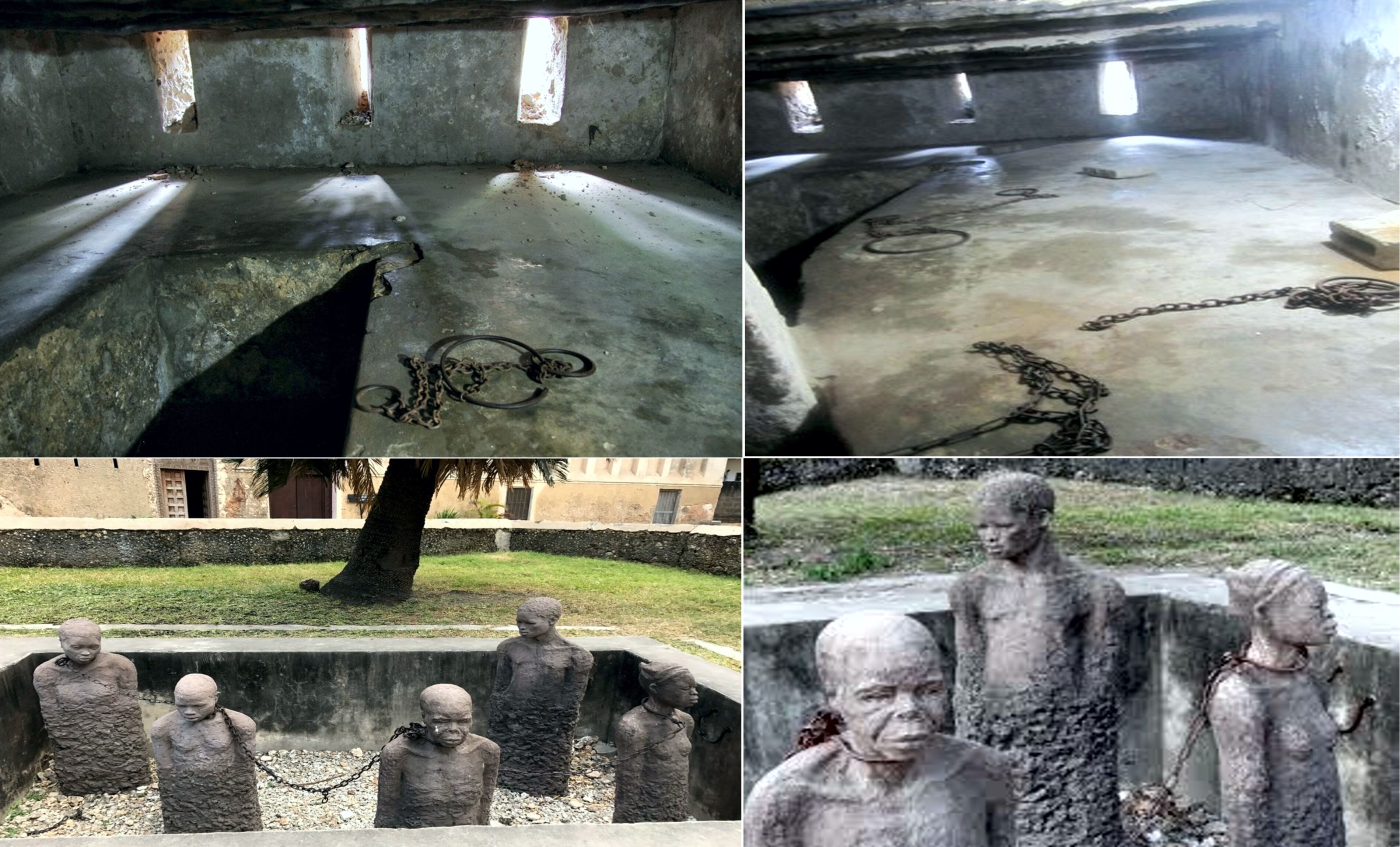 A series of photographs depicting a historical site with remnants of chains and shackles, and statues of figures in chains.
