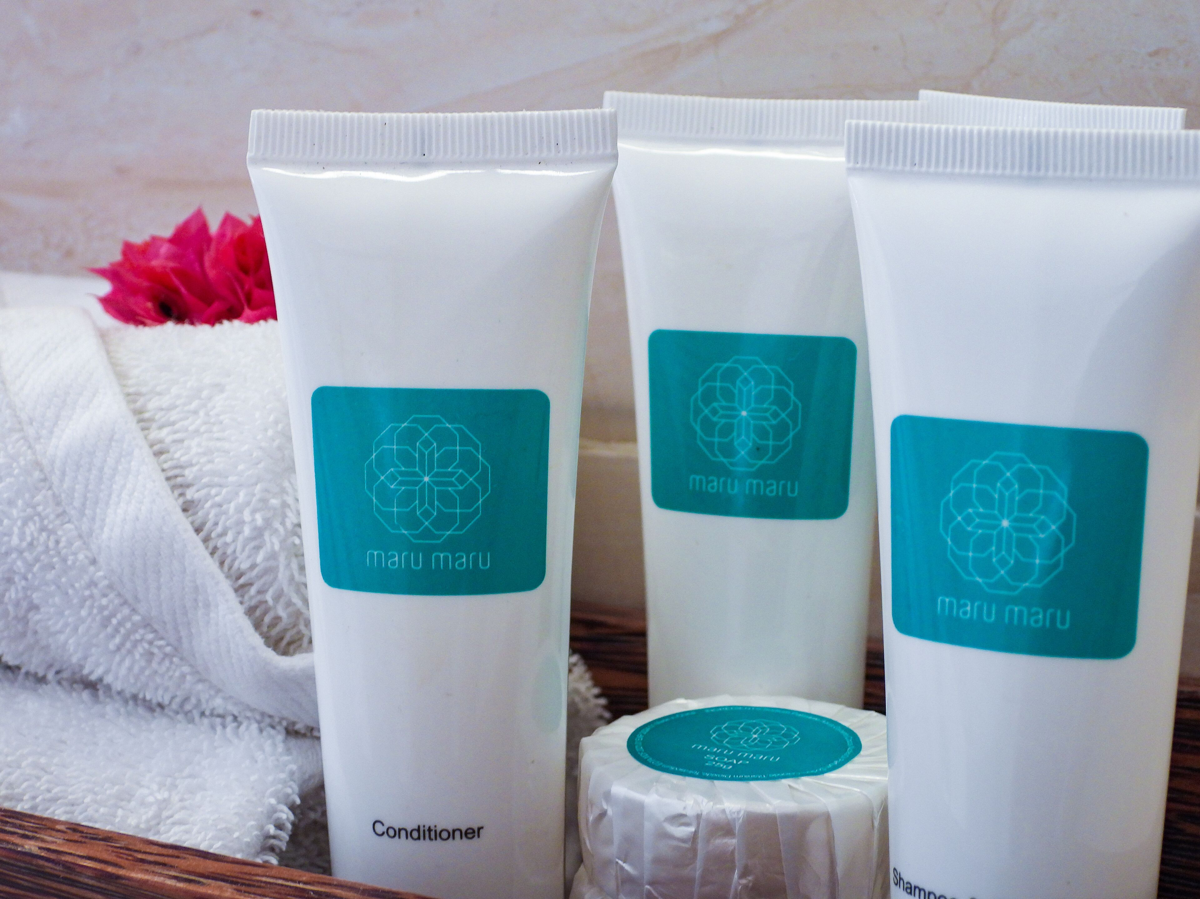 free toiletries, slippers, towels