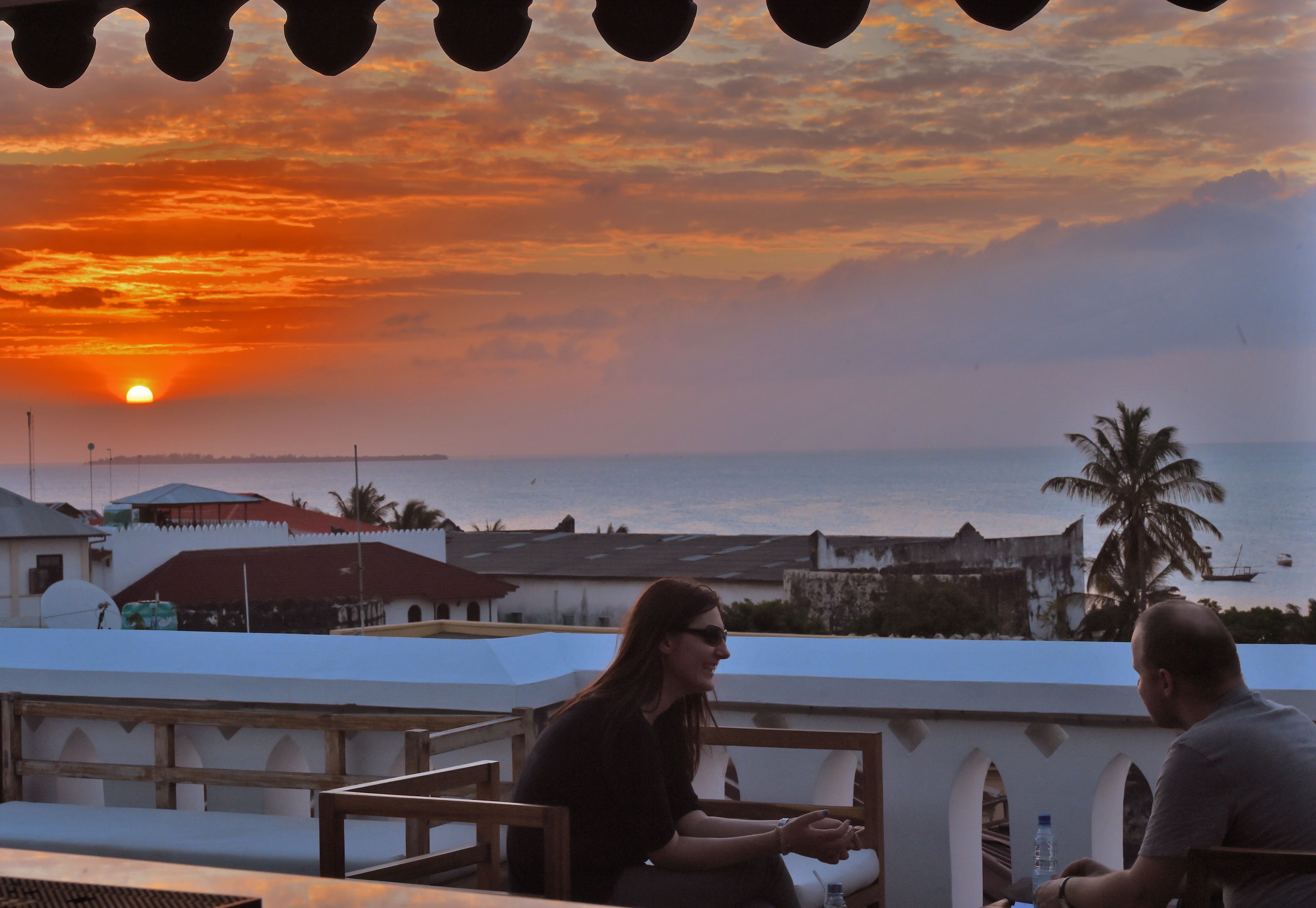 A sunset view from a rooftop terrace with a palm tree and a body of water in the background.