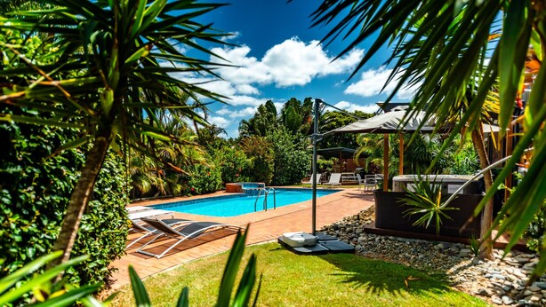 Una piscina con sillas de descanso, rodeada de abundante follaje y un jacuzzi.