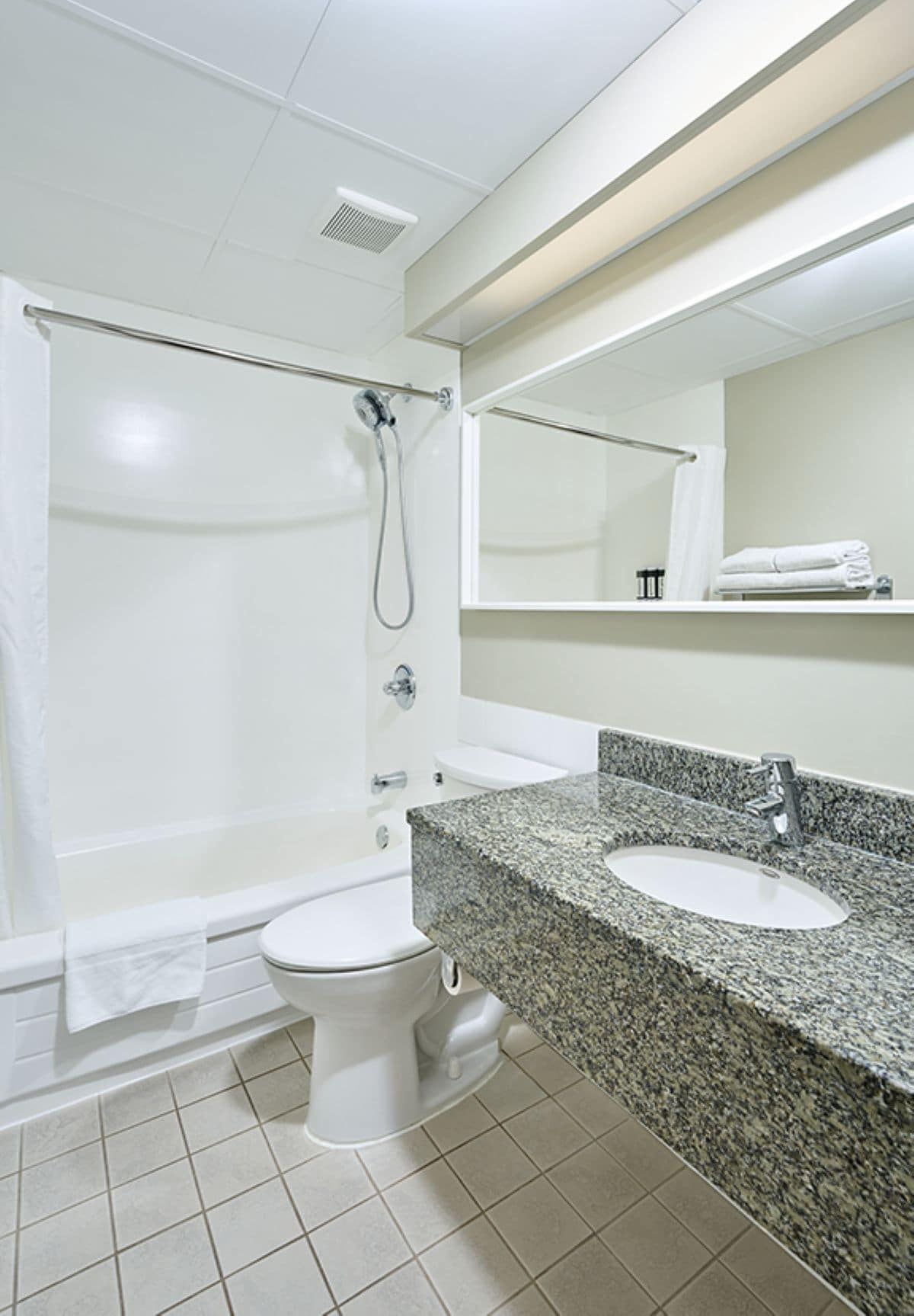 A modern bathroom with a walk-in shower, a toilet, and a granite countertop sink.