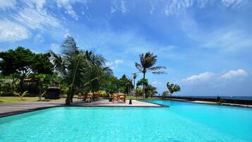 Outdoor pool, pool umbrellas, pool loungers