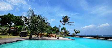 Outdoor pool, pool umbrellas, pool loungers