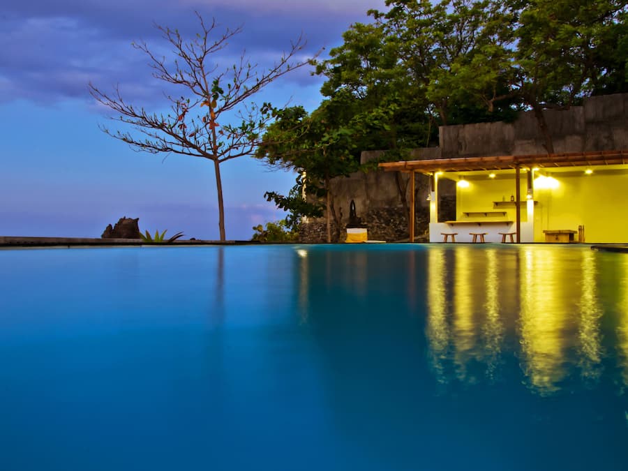 Outdoor pool, pool umbrellas, pool loungers