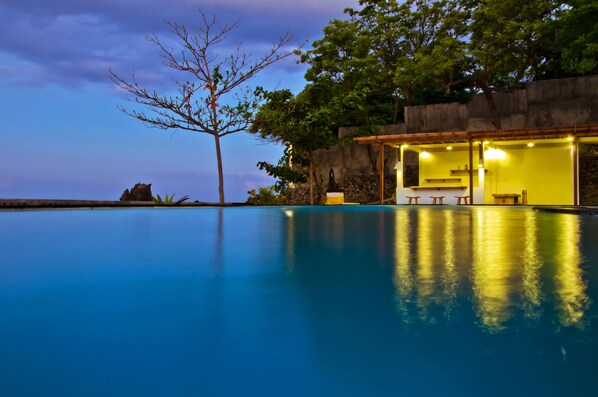 Outdoor pool, pool umbrellas, pool loungers