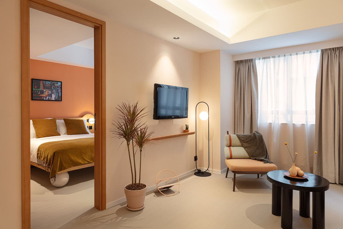 A hotel room with a bed, a TV, a chair, a small table, and a potted plant.