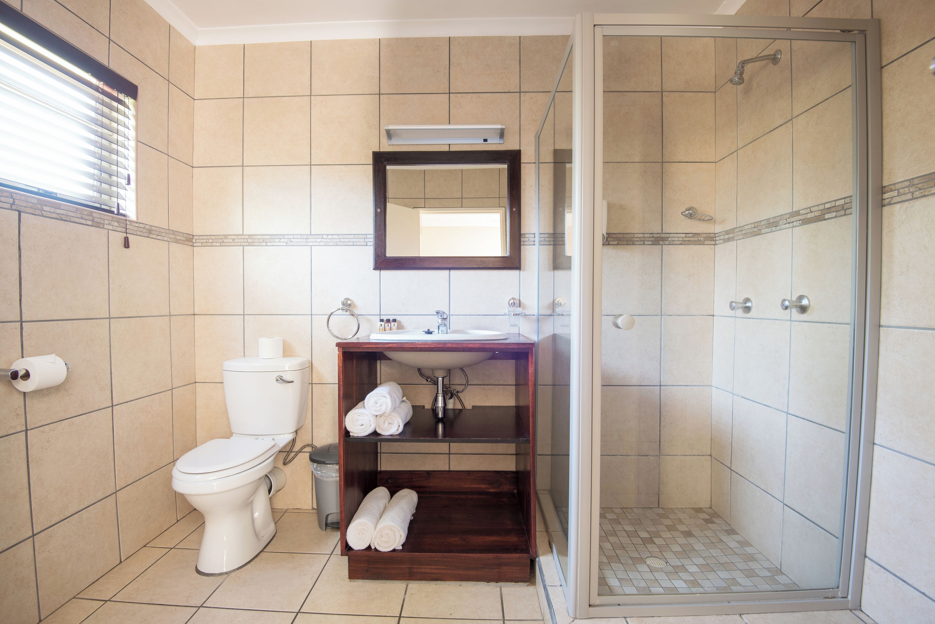 A bathroom with a toilet, sink, mirror, and shower.