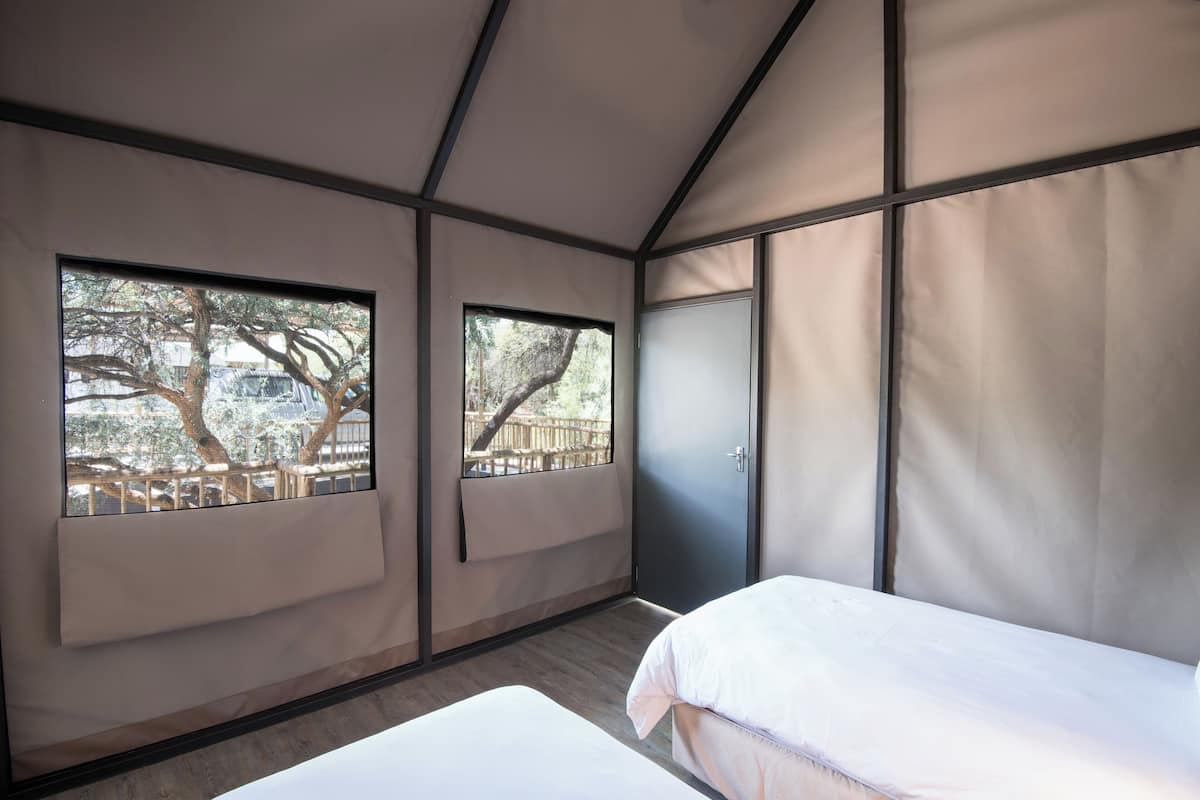Une chambre moderne avec deux lits, de grandes fenêtres et une vue sur les arbres.