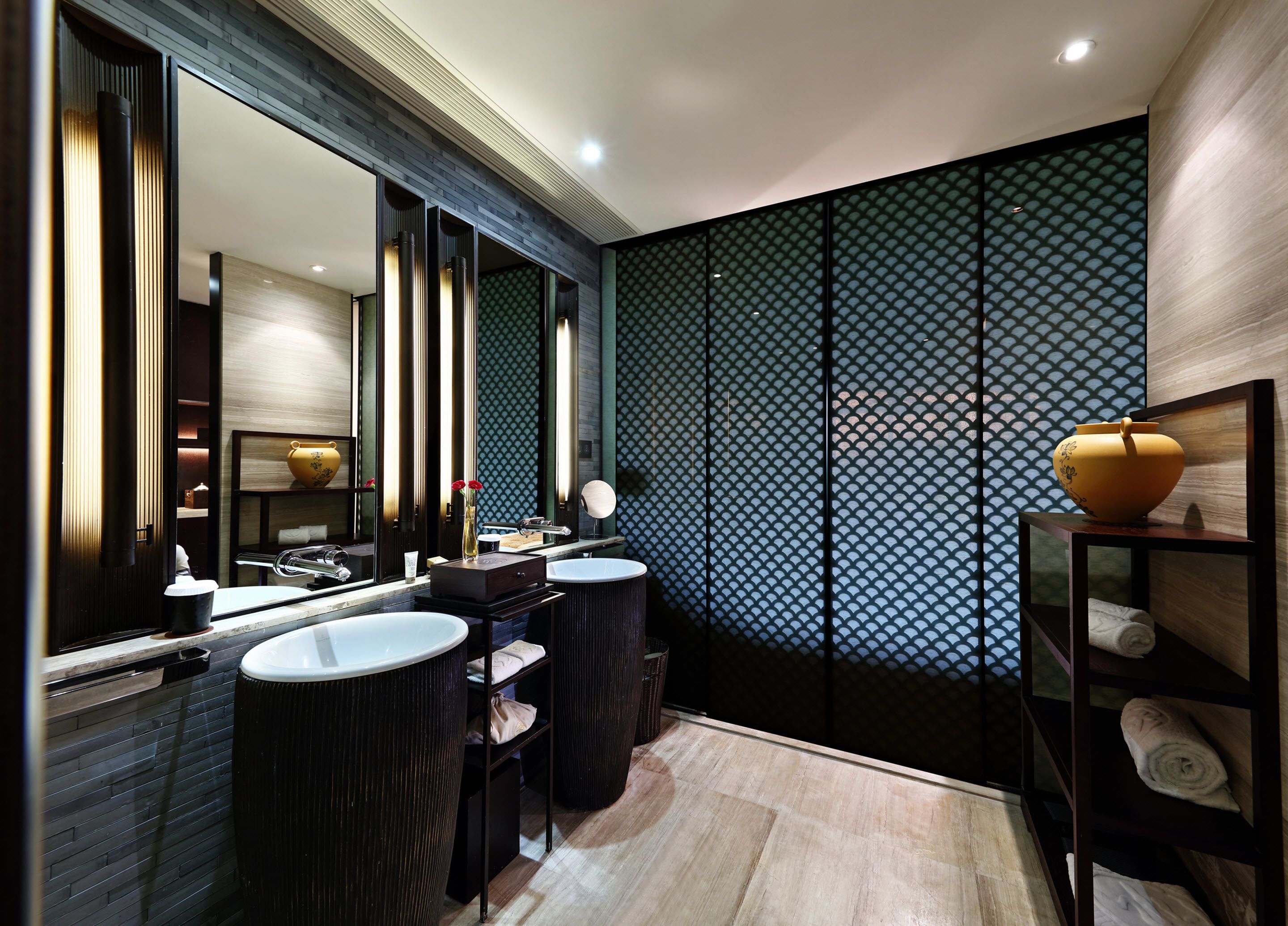 designer toiletries, hair dryer, bathrobes, towels