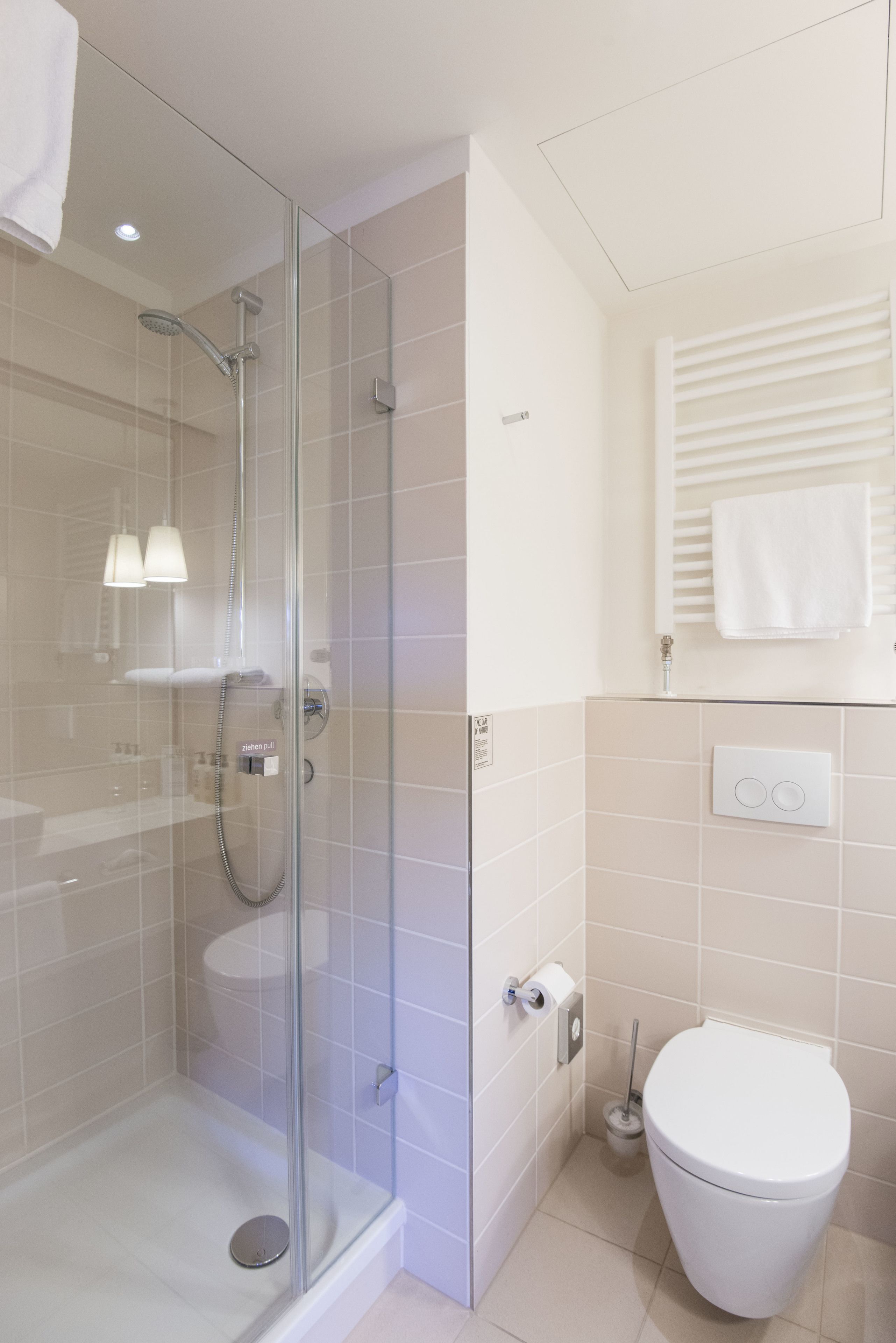 A modern bathroom with a glass-enclosed shower, a toilet, and a towel rack.
