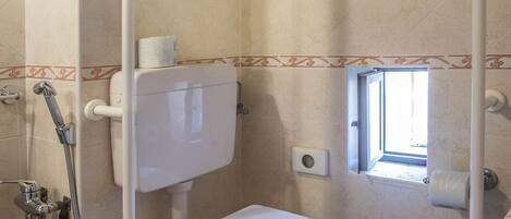 A bathroom with a toilet, a shower, and a window.