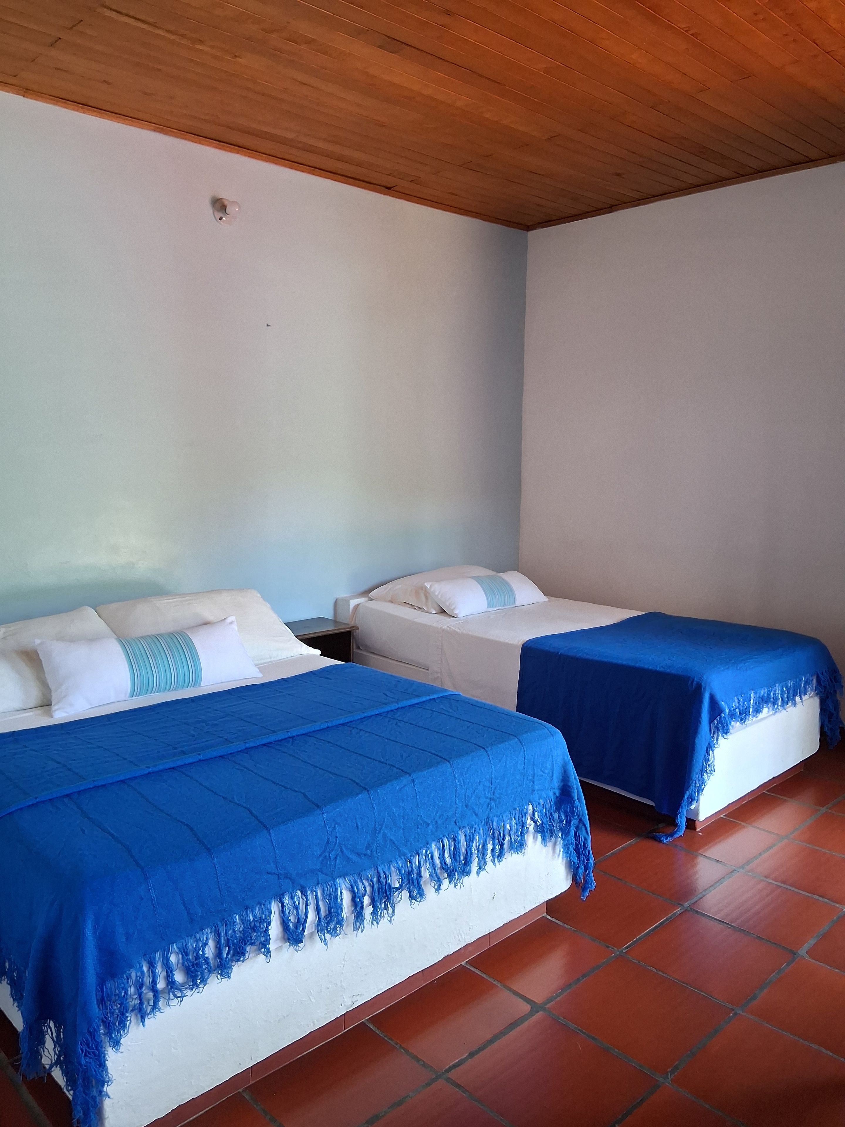 Une chambre avec deux lits, chacun recouvert d’une couverture bleue et agrémenté d’oreillers blancs. Les murs de la chambre sont blancs et le plafond est en bois.