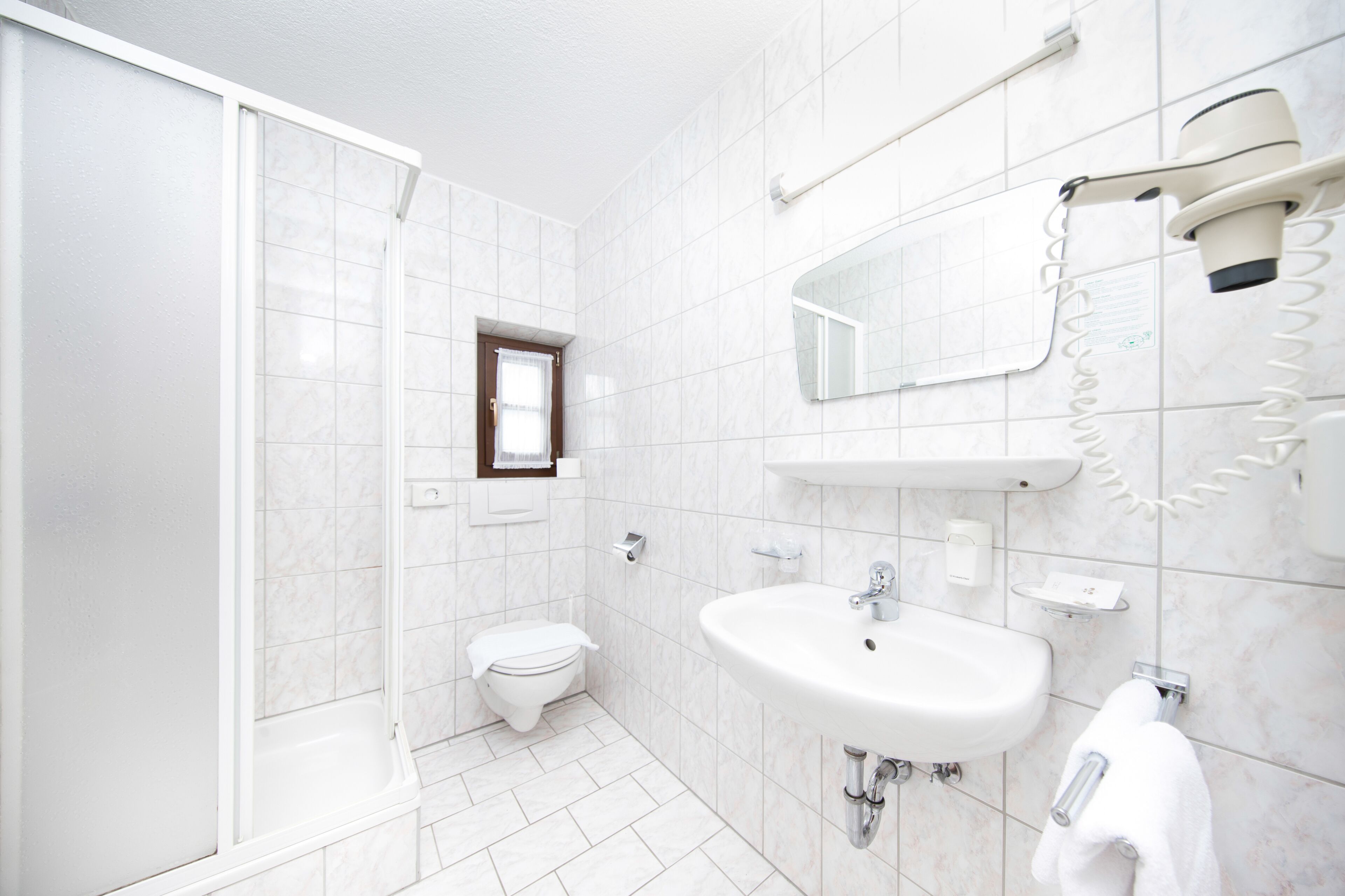 A modern bathroom with a glass shower enclosure, a toilet, a sink, and a hairdryer mounted on the wall.