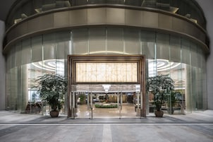A modern hotel entrance with a glass facade, a central entrance with a patterned wall, and two potted plants on either side.