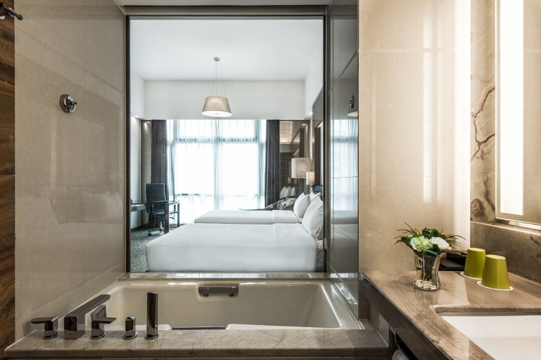 separate bathtub and shower, deep-soaking bathtub, rainfall showerhead