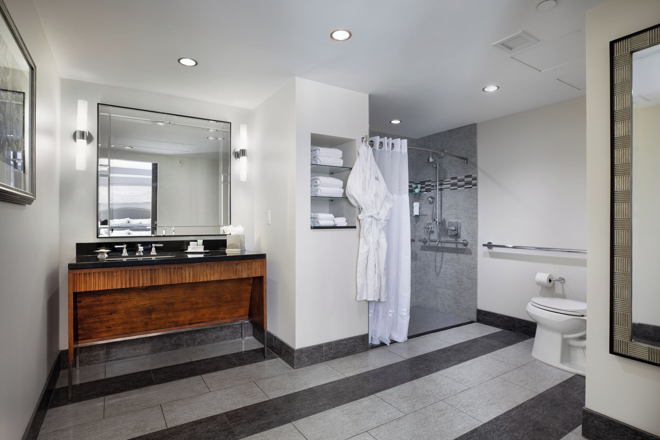 designer toiletries, hair dryer, bathrobes, towels