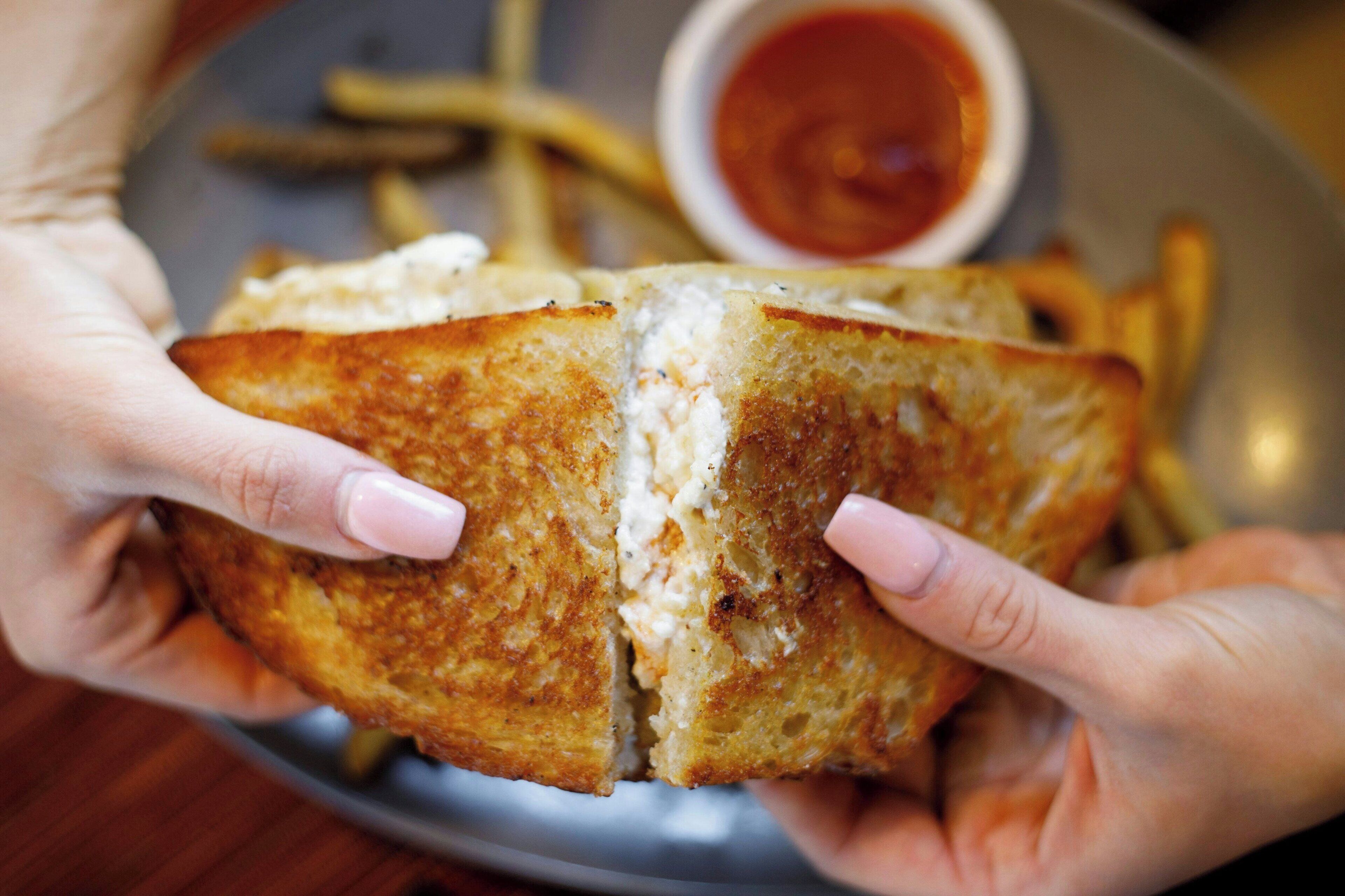 Une personne tenant un sandwich grillé, accompagné d’une portion de frites et d’un petit bol de sauce.