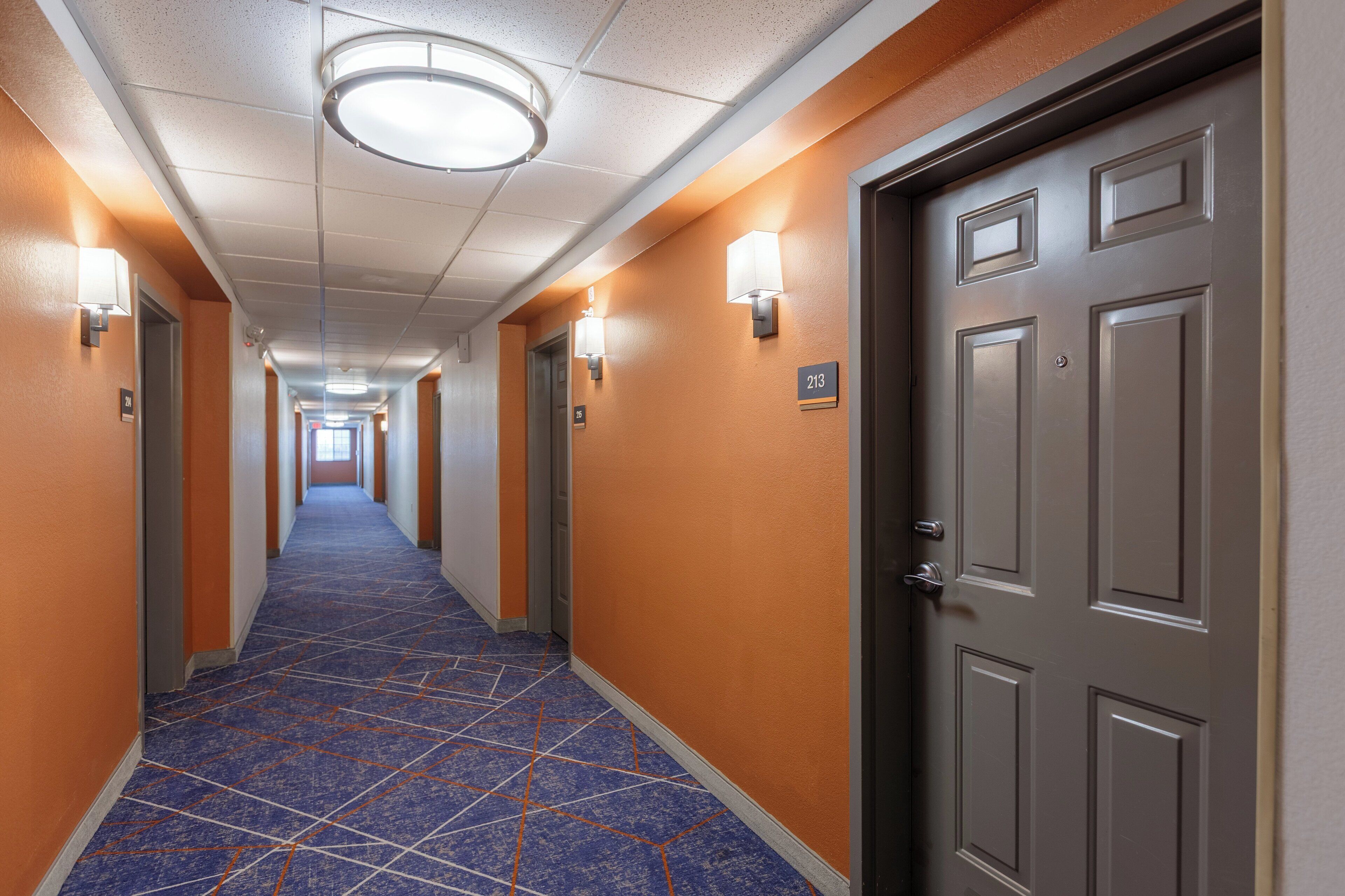 A hotel hallway with a blue patterned carpet, orange walls, and doors numbered 213.