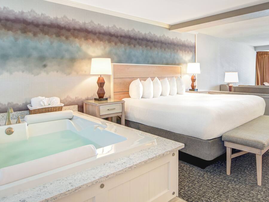 Quarto de hotel com uma cama grande, área de estar, banheira e vista da cidade.