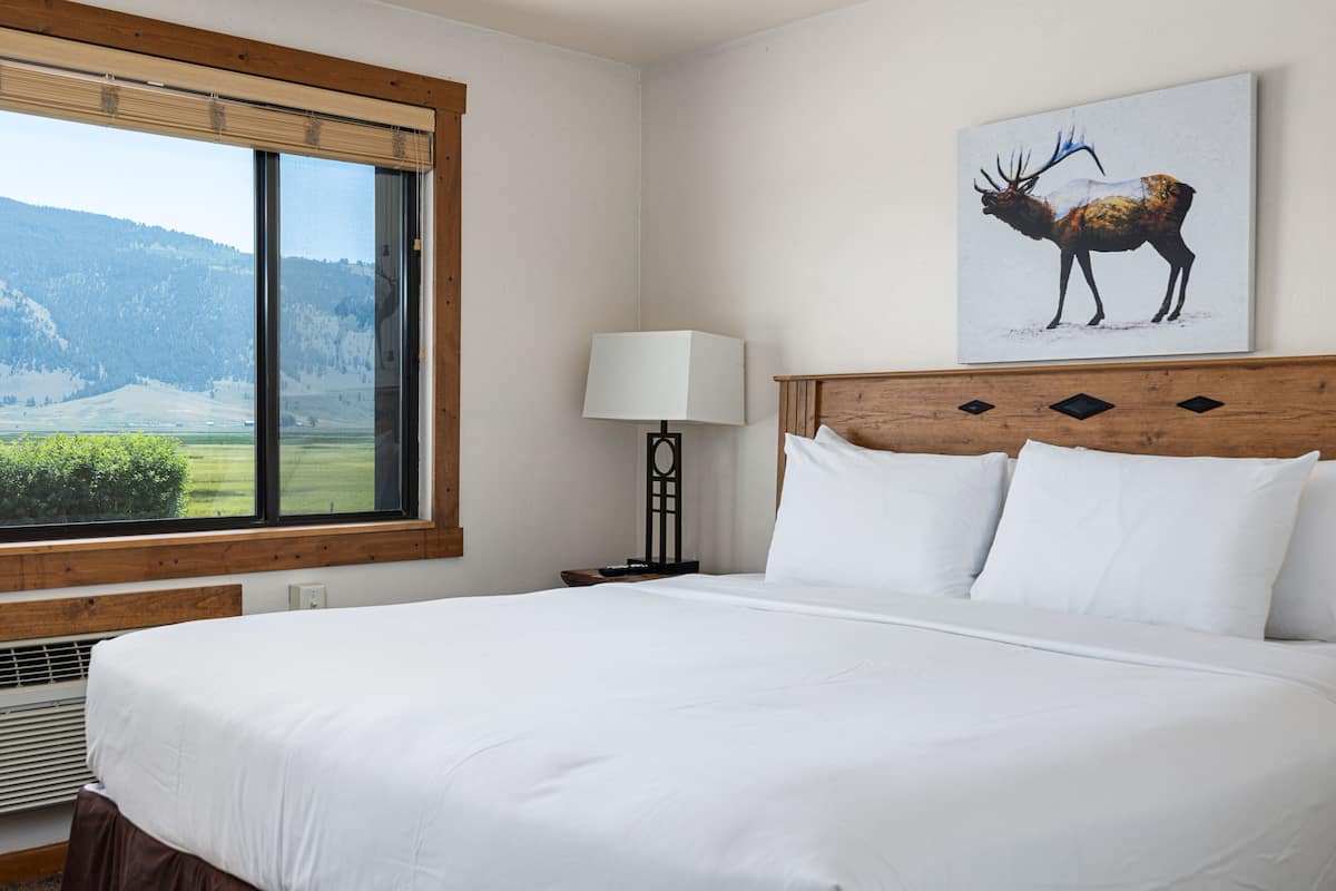 A hotel room with a large bed, a nightstand with a lamp, a window with a view of mountains, and a painting of an elk on the wall.