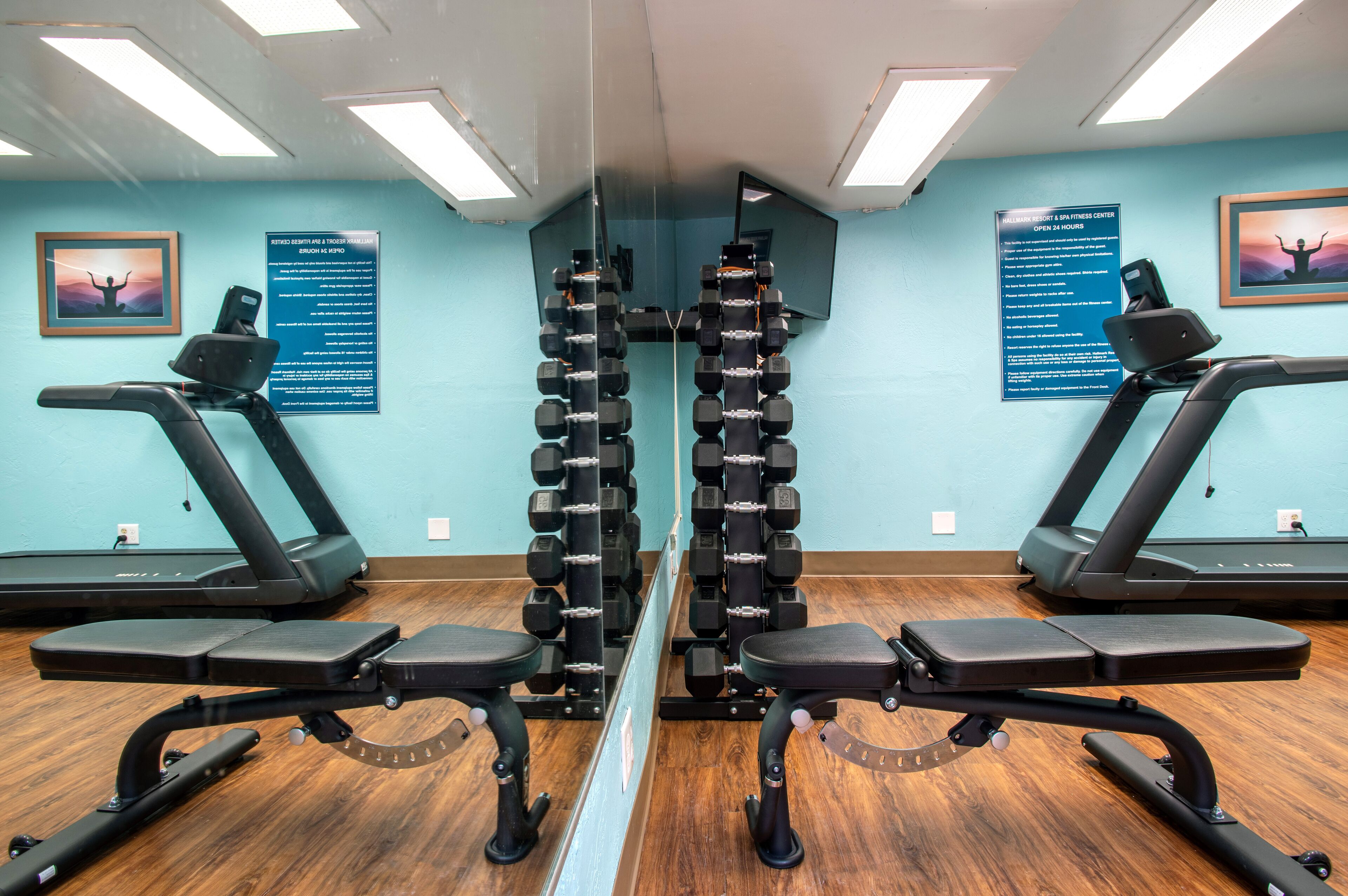 Un gimnasio con cintas de correr, bancos de pesas y una barra de mancuernas.